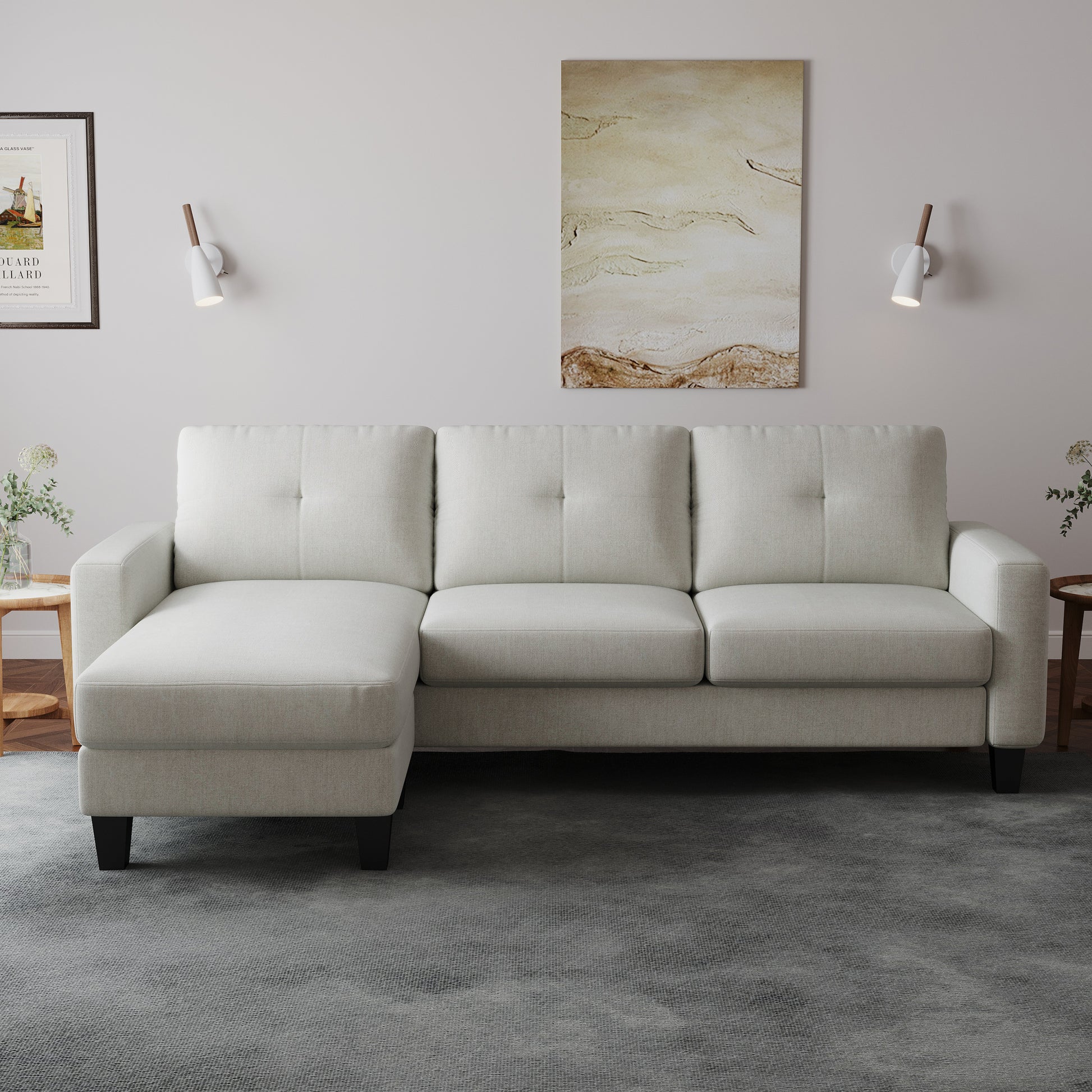 Living Room Furniture With Polyester Fabric L Shape Couch Corner Sofa For Small Space Beige Beige Foam Polyester 3 Seat