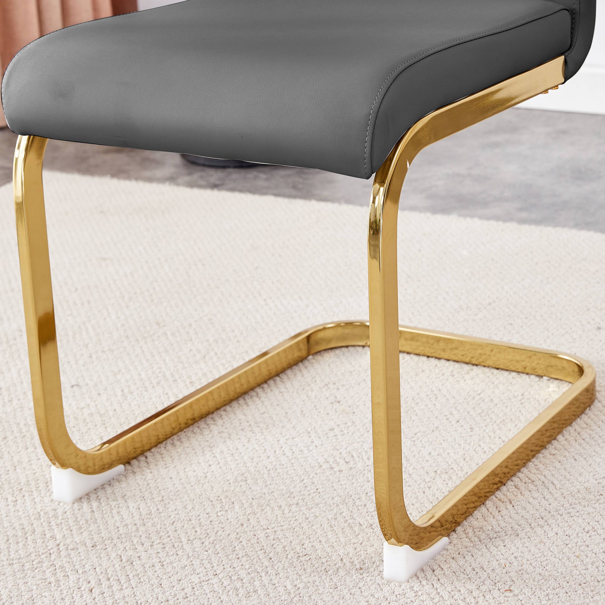 Table And Chair Set.Modern Rectangular Dining Table With Black Textured Stickers Glass Tabletop And Gold Plated Metal Legs.Paried With 6 Comfortable Chairs With Pu Seats And Golden Metal Legs. Dark Gray,Gold Seats 6 Glass Metal