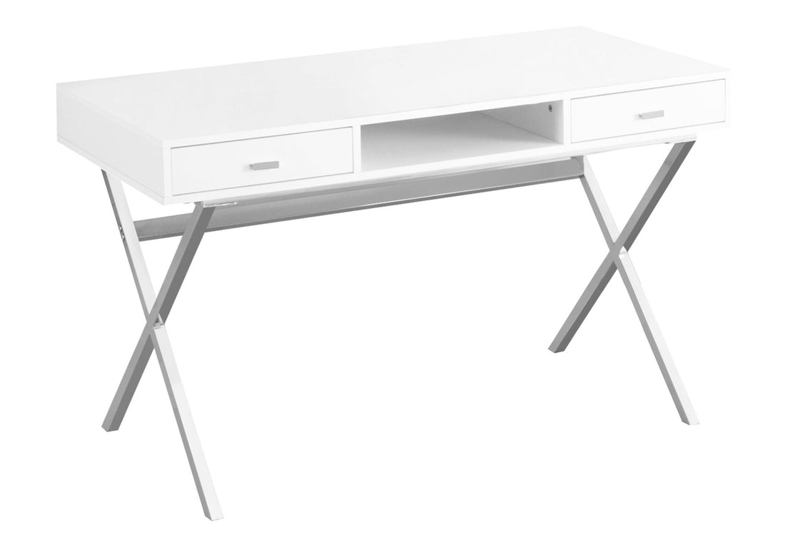 Computer Desk, Home Office, Laptop, Storage Drawers, 48"L, Work, Glossy White Laminate, Chrome Metal, Contemporary, Modern White Particle Board