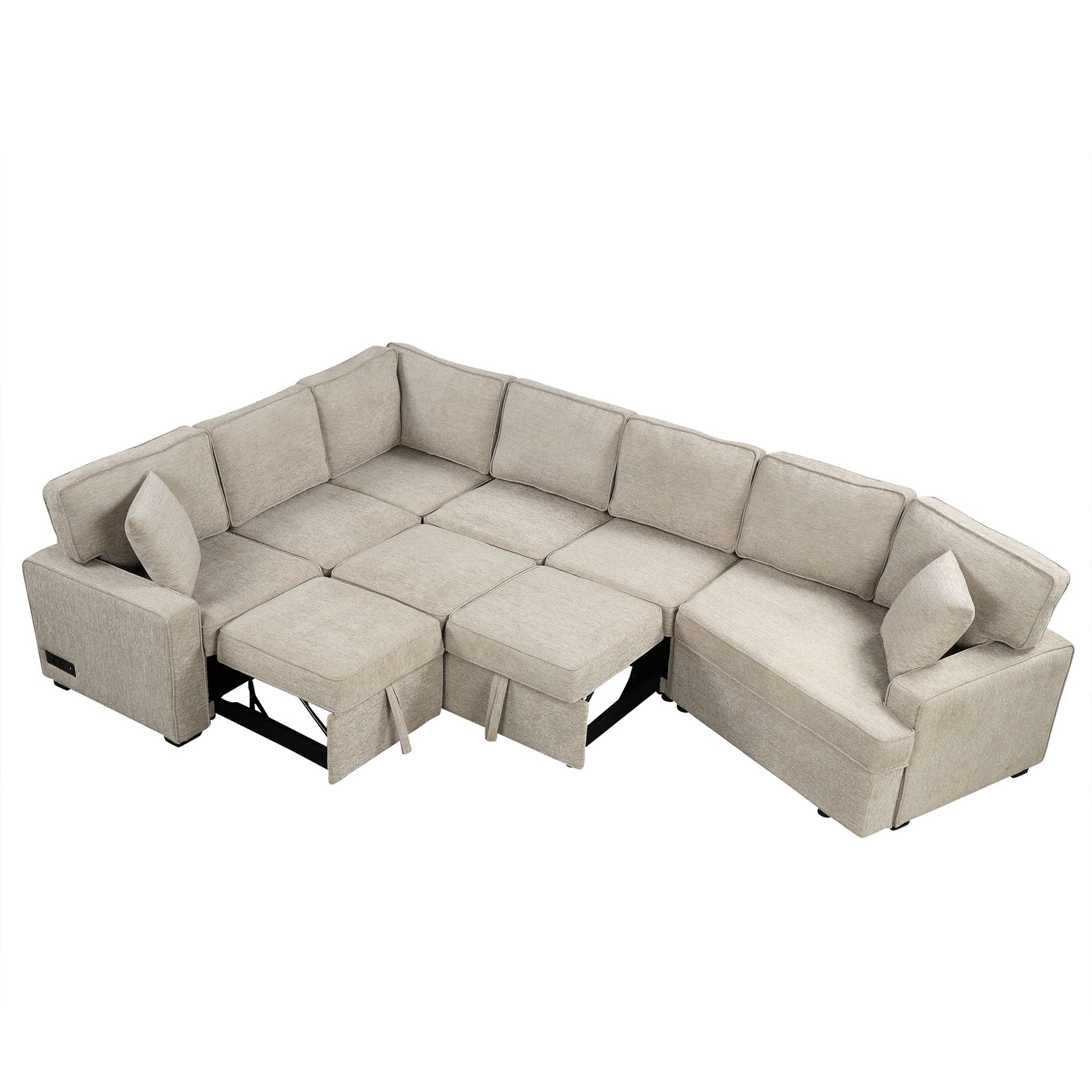 126" L Shaped Sofa Sectional Sofa Couch Pull Out Sofa Bed With Charging Devices And Cup Holders For Living Room, Beige Beige Foam Chenille 6 Seat