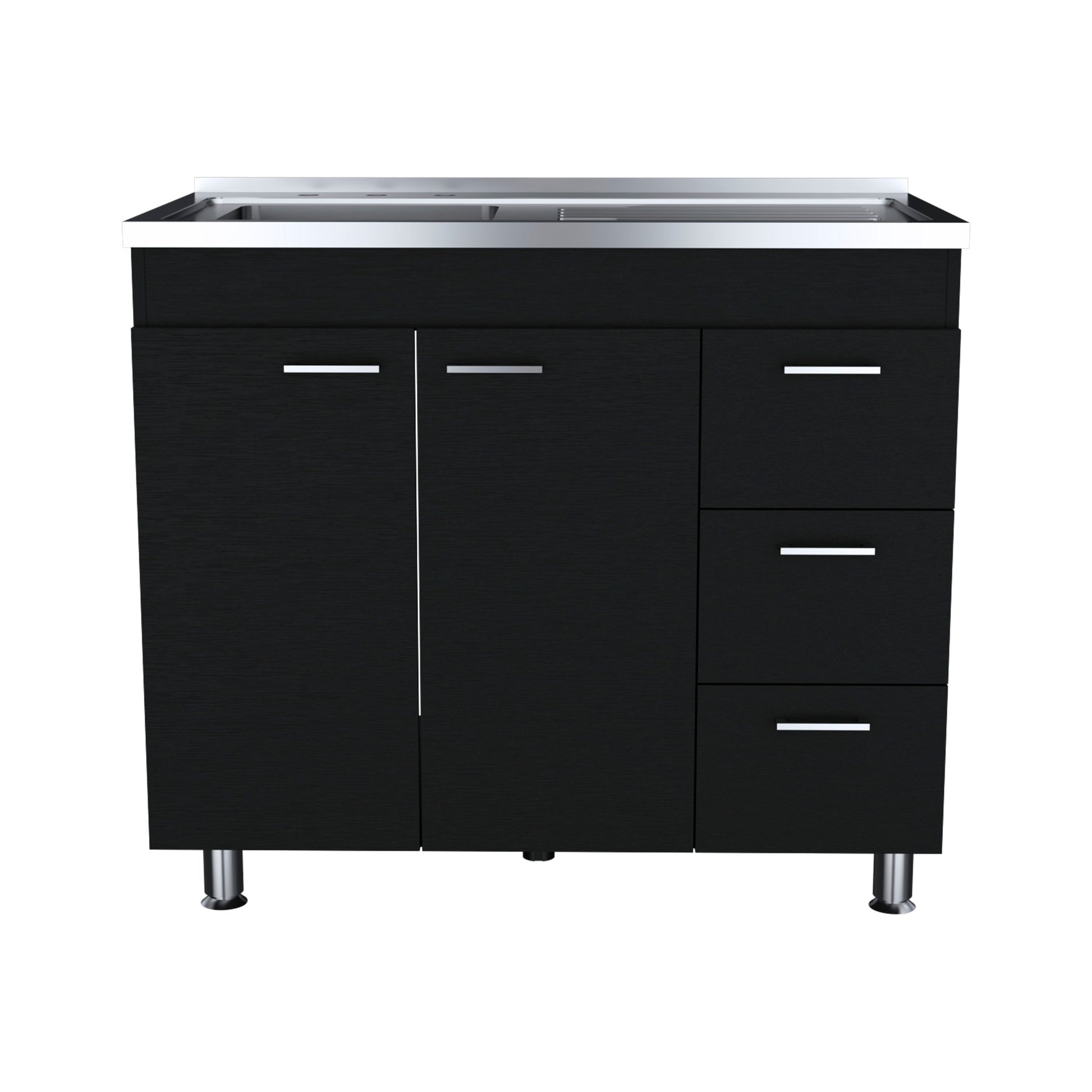 Ferretti Utility Sink With Three Drawers And Double Door Cabinet Black Kitchen Shelves Included Modern Particle Board