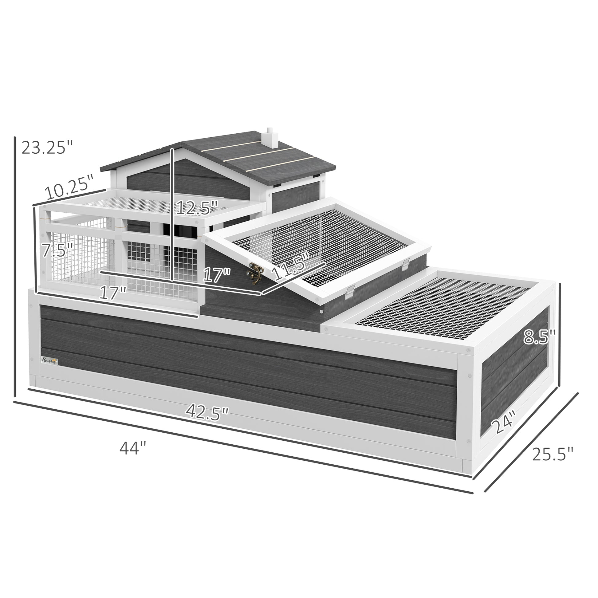 Pawhut 3 Room Tortoise House Habitat With Balcony & 2 Stories, Indoor Outdoor Wooden Tortoise Enclosure With Ladder, Tray, Openable Roof, Large Reptile Cage, 44" X 25.5" X 23", Gray Dark Grey Wood