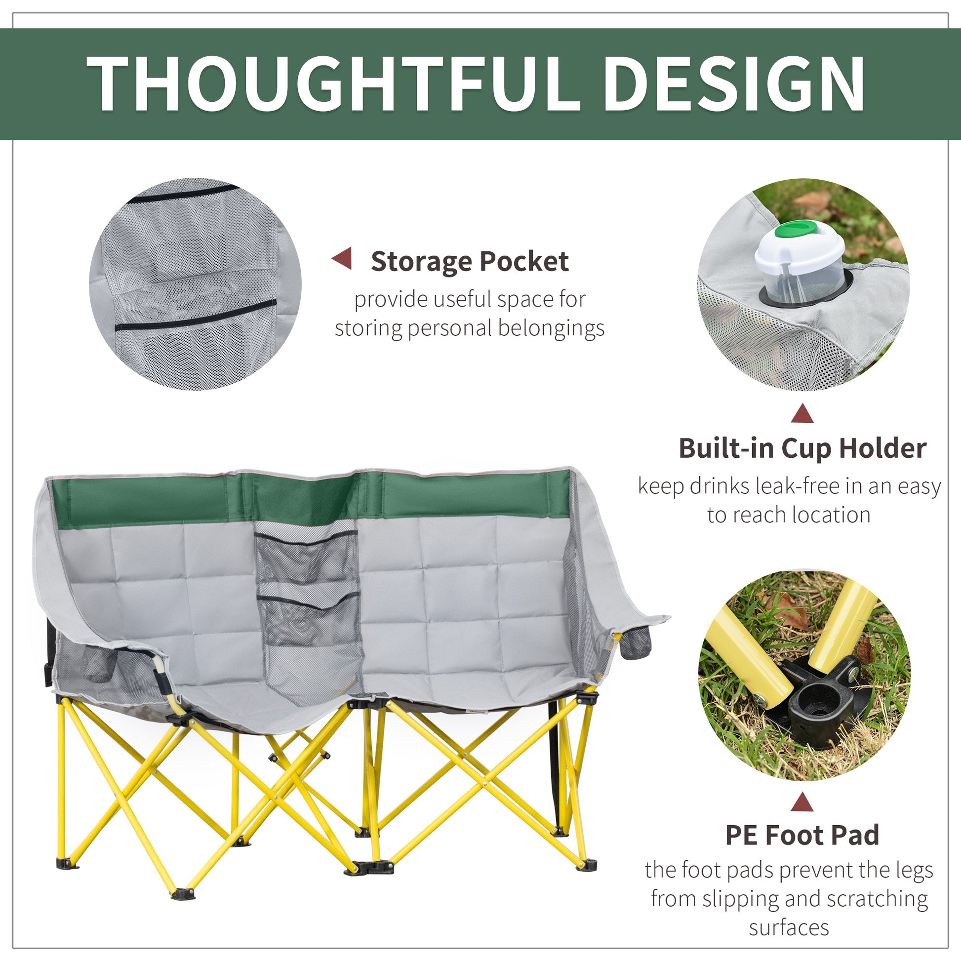 Outsunny Loveseat Style Camping Chair, Oversized Folding Lawn Chair With Carry Bag & Cup Holders, For Outdoor, Beach, Picnic, Hiking, Travel, Green & Gray Green Metal