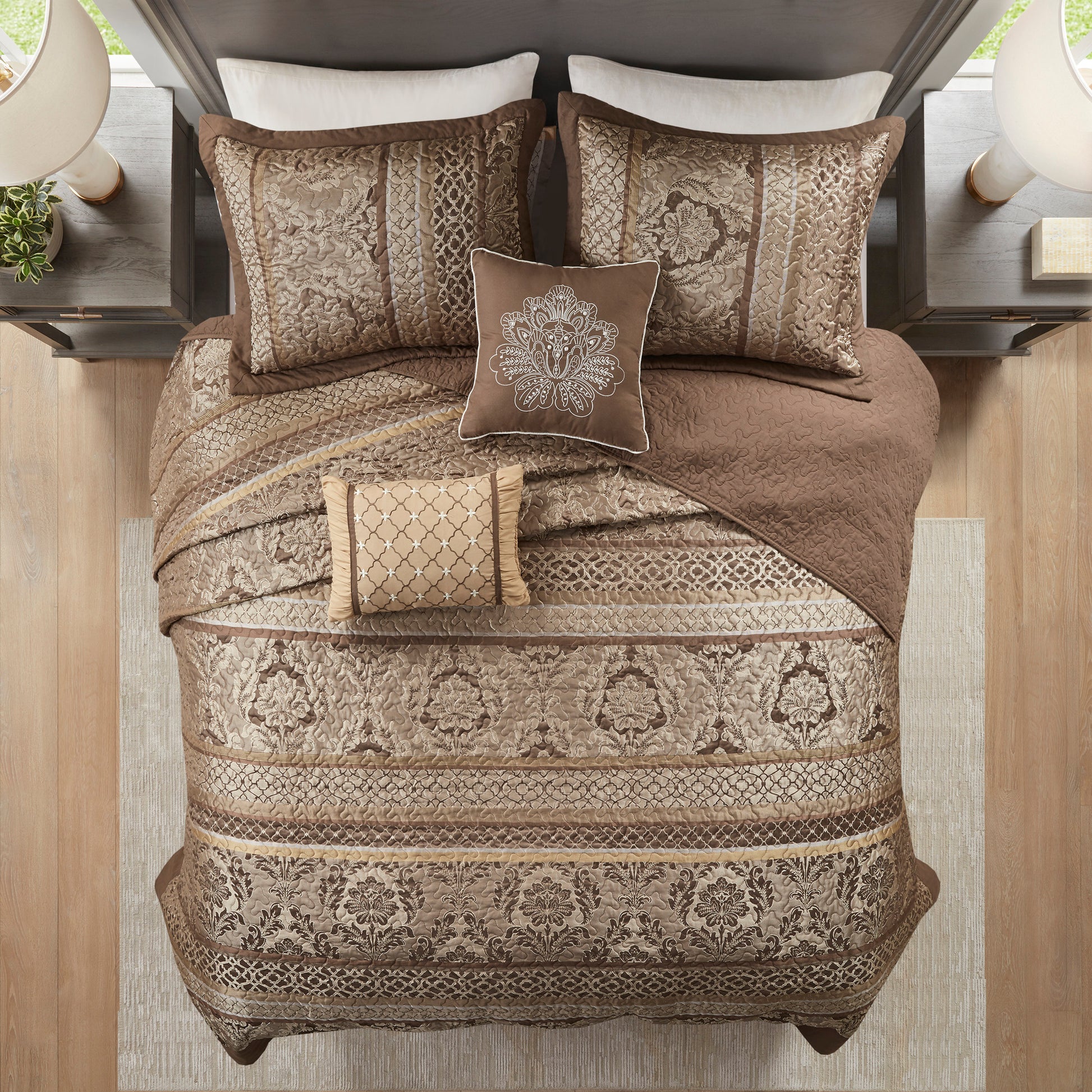 5 Piece Reversible Jacquard Bedspread Set Brown Gold Queen Queen Brown Gold Microfiber