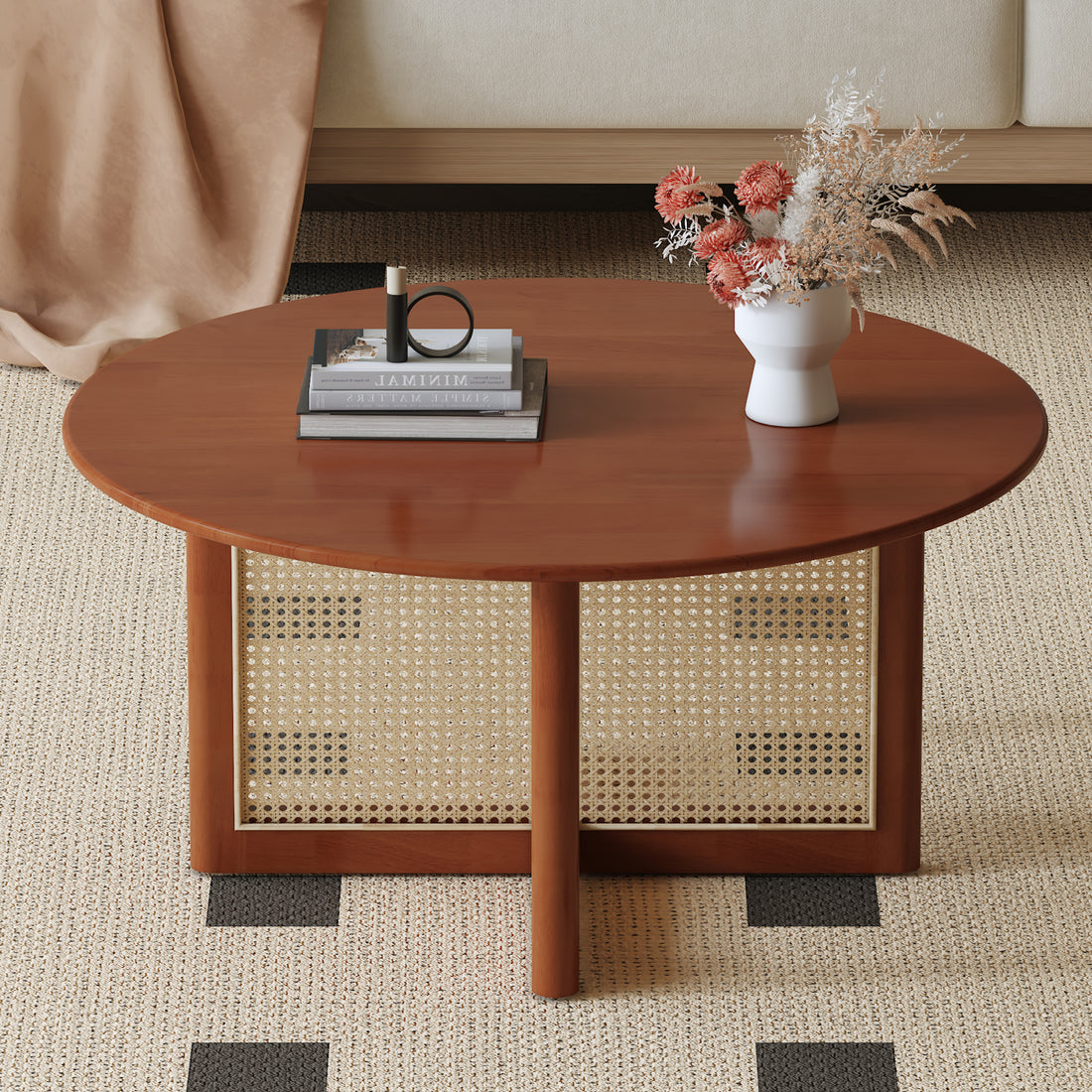 A Natural And Elegant Deep Red Wooden Coffee Table With Artificial Rattan Decorations, Perfect For A Fashionable Living Room And Comfortable Tea Drinking Time Red Wood