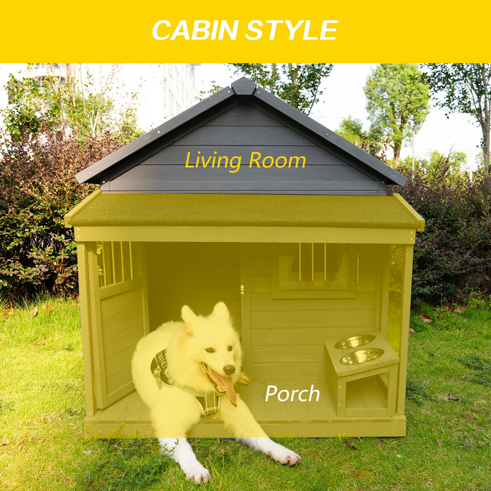 Large Dog House, Long 44.2" X Wide 44.6" X High 44.6" Solid Wood Asphalt Roof Dog House With Large Terrace For Large Dogs, Weatherproof Large Dog House Improved ,Small Wooden Doors That Can Be Locked Gray Solid Wood