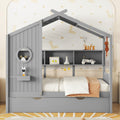 Wooden Twin Size House Bed With Trundle, Modern Design For Kids With Storage Shlef, Gray Twin Gray Solid Wood