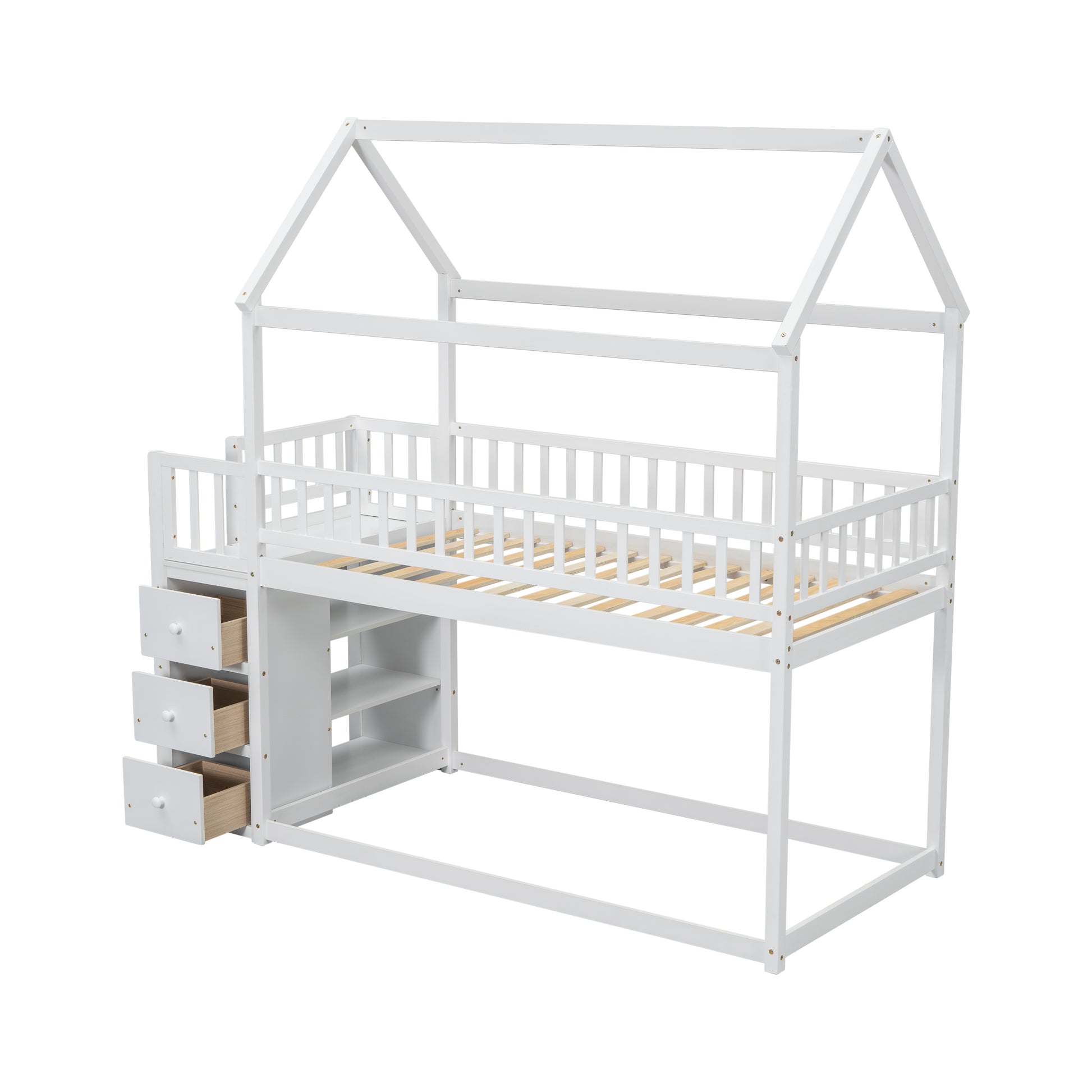 Twin Twin House Bunk Bed With Shelves And Drawers For White Color Box Spring Not Required Twin White Bedroom Bunk Pine