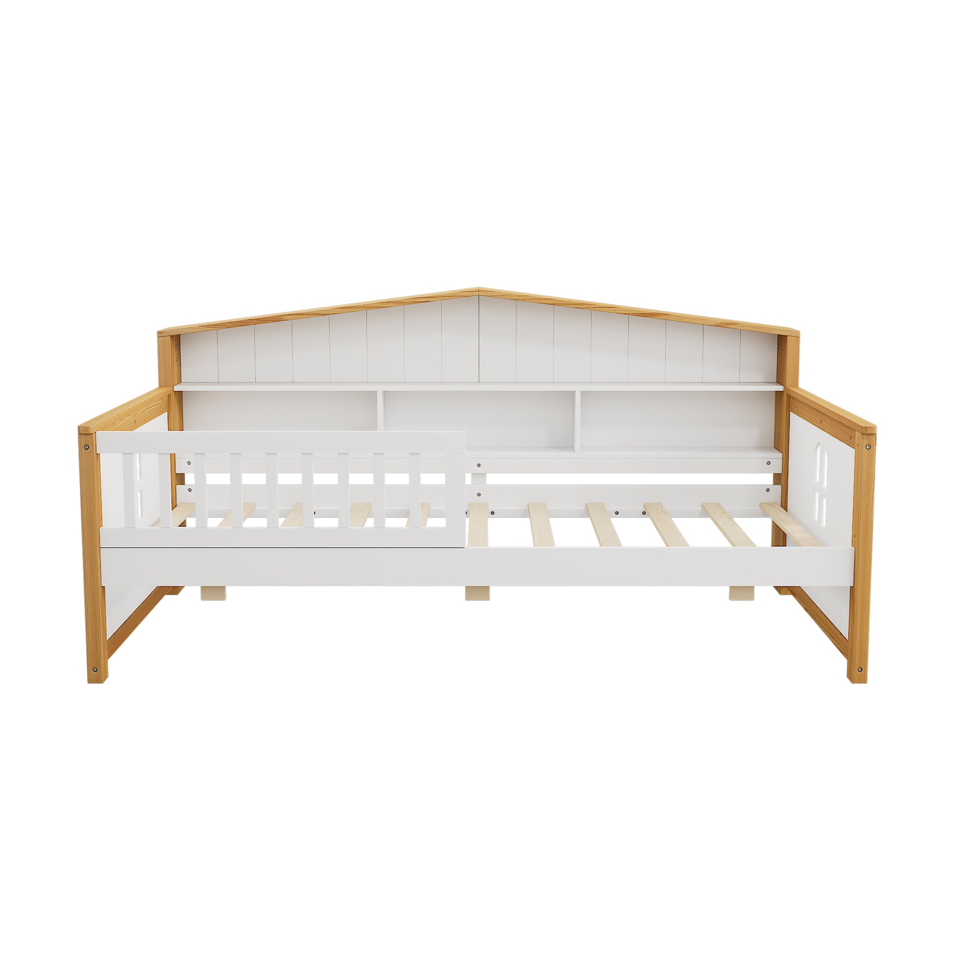 Twin Size House Shape Daybed With Trundle And Bookcase Headboard Wooden Bed For Girls Boys Teens, No Box Spring Needed, Walnut And White Box Spring Not Required Twin White Walnut Wood Bedroom Cute Pine Bed Frame Wood