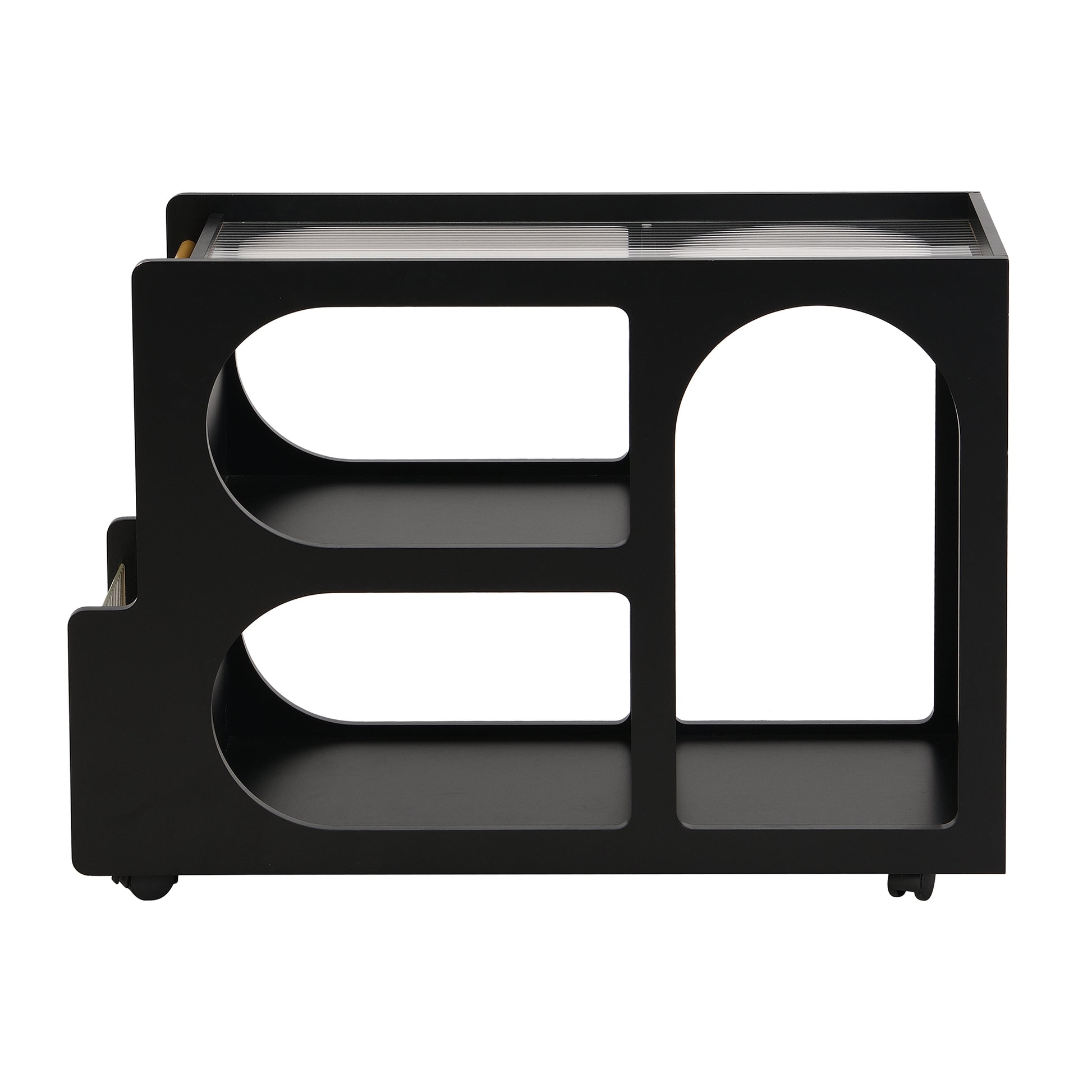 Mobile End Table With Lockable Wheels, Narrow Coffee Table With 5Mm Thick Fluted Tempered Glass, Modern Nightstand With Golden Round Rod, Living Room, Black, 31.5''W X11.8''D X 23.1''H Black Primary Living Space Mdf