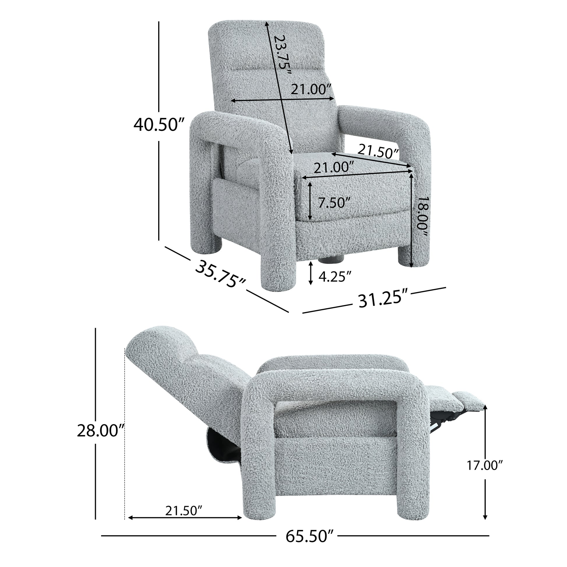 31.25" Push Back Recliner Armchair Upholstered Recliner Chair Single Sofa With Adjustable Backrest For Living Room, Light Grey Light Grey Teddy