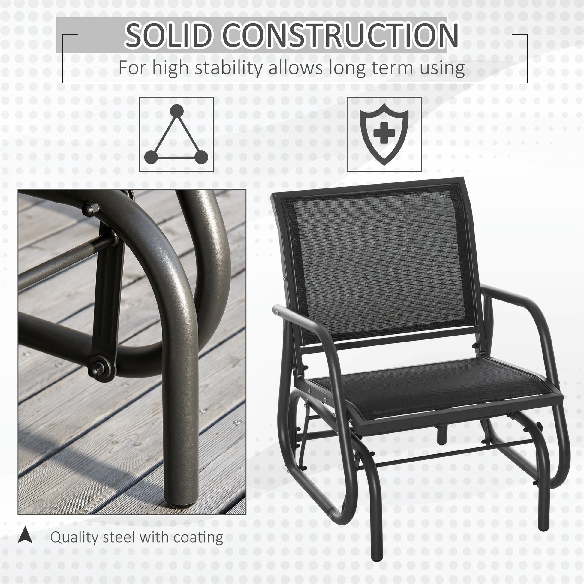 Outsunny Porch Glider, Metal Frame Swing Glider Chair Withmesh Fabric, Curved Armrests And Steel Frame For Garden, Poolside, Backyard, Balcony, Black Black Fabric Metal
