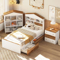 3 Pieces Bedroom Sets, Twin Size House Shaped Wooden Bed With Storage Drawers, Nightstand With Colorblock Design And House Shaped Stroage Rack, Brown White Twin Brown White 3 Piece Set Wood