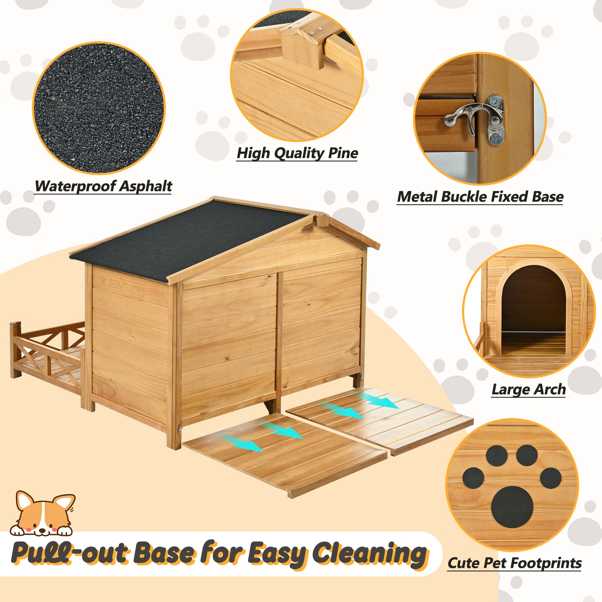 48" Wooden Dog House Outdoor With Porch, Dog Kennel With Water Resistant Asphalt Roof And Fencing,Indoor & Outdoor Dog Crate With Paw Print, Medium, Nature Natural Outdoor Kennel Medium 26 40 Lbs