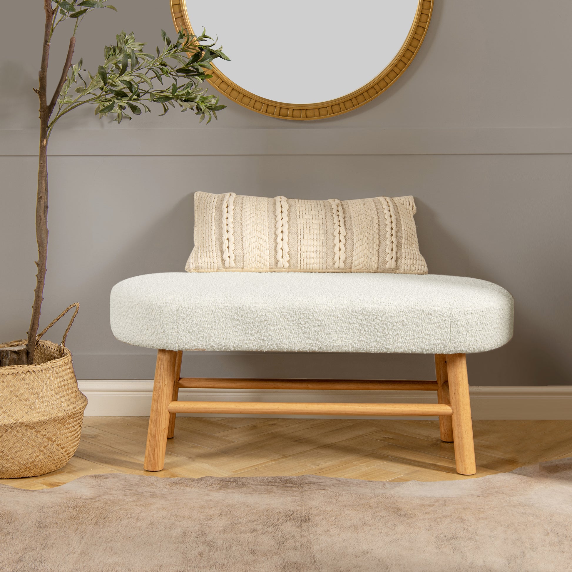 Fuji 42" Upholstered Bedroom Accent Bench With Natural Wood Legs, Ivory White Boucle White Foam Boucle