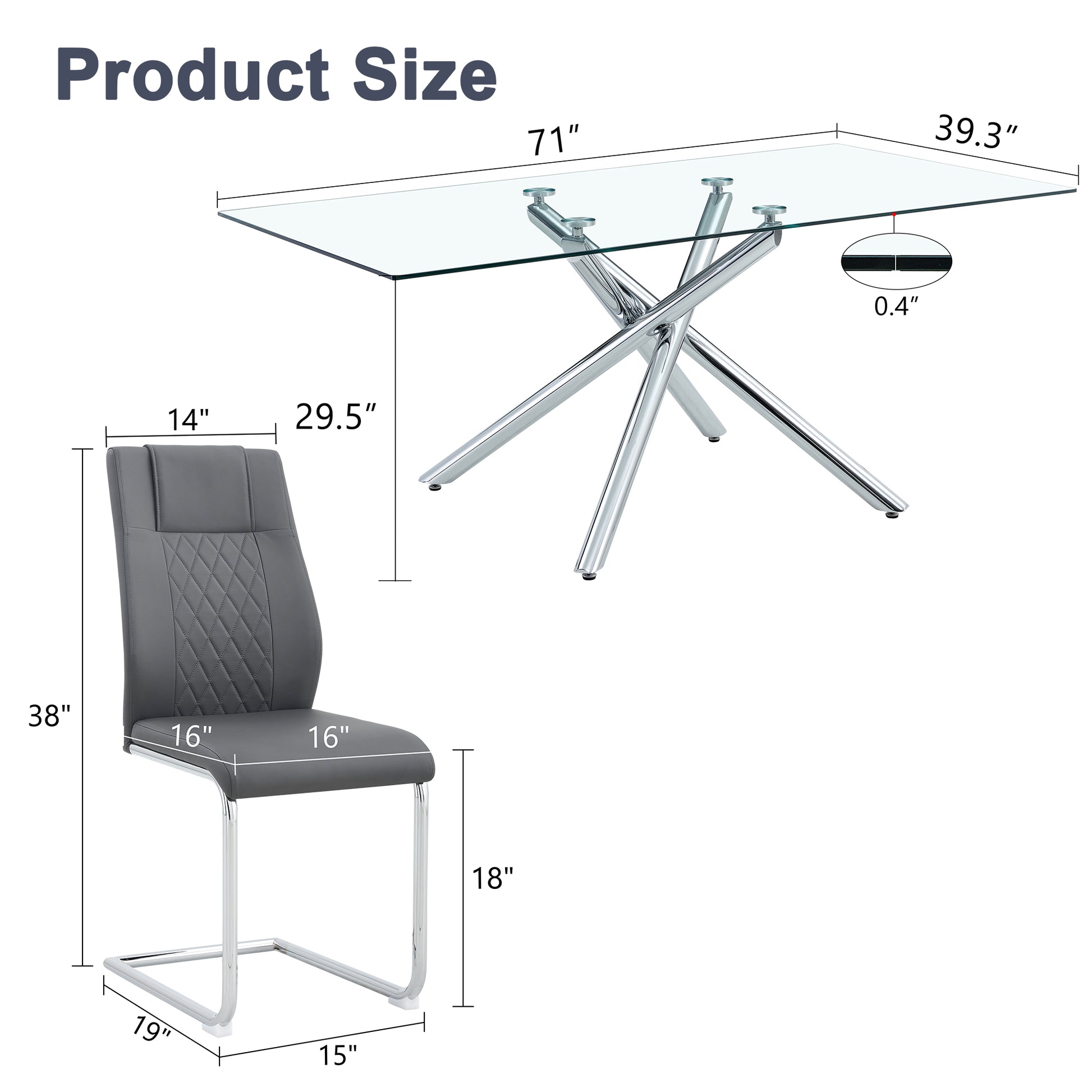 Table And Chair Set.Modern Luxurious Transparent Tempered Glass Dining Table Set With 6 Chairs.Single Fork Silver Metal Table Legs.Dark Gray High Quality Pu Dining Chairs With Silver Metal Legs.