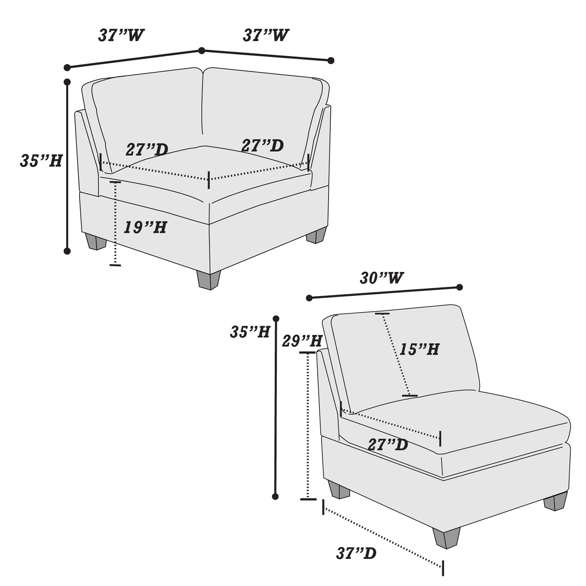 Modular Set 3Pc In Gray Gray Pillow Back L Shaped Armless Chenille 3 Seat