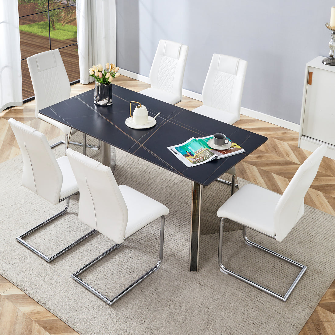 Table And Chair Set.63"X31.5X30" Black Marble Patterned Slabs Tabletop With Stainless Steel Butterfly Legs.Paried With 6 White High Quality Pu Chairs With Silver Metal Legs. White Black Seats 6