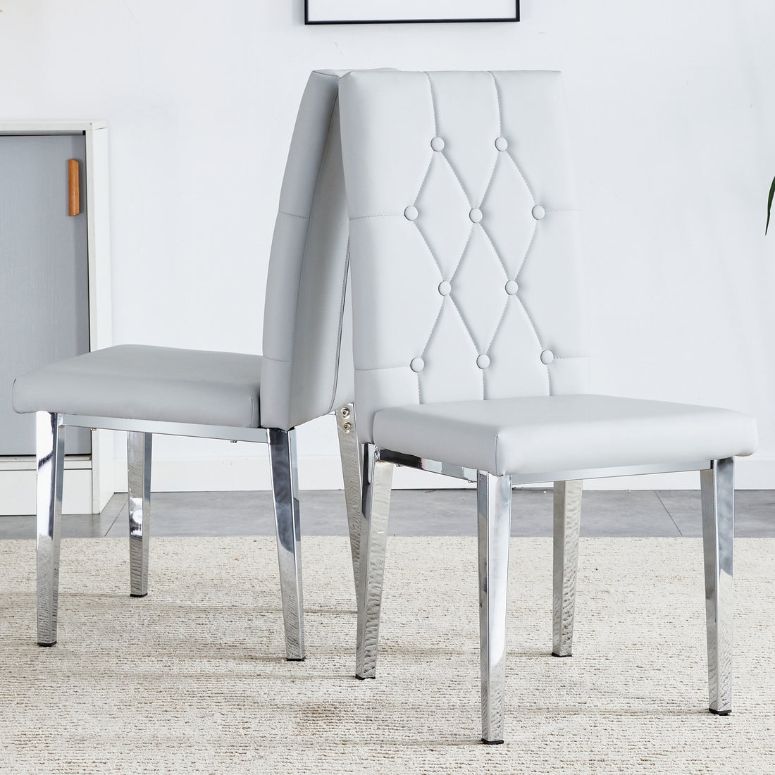 2 Piece Dining Chair, Modern Style Kitchen Upholstered High Back, Metal Leg Office Chair, Suitable For Dining Room, Office, Restaurant. Light Gray Pu