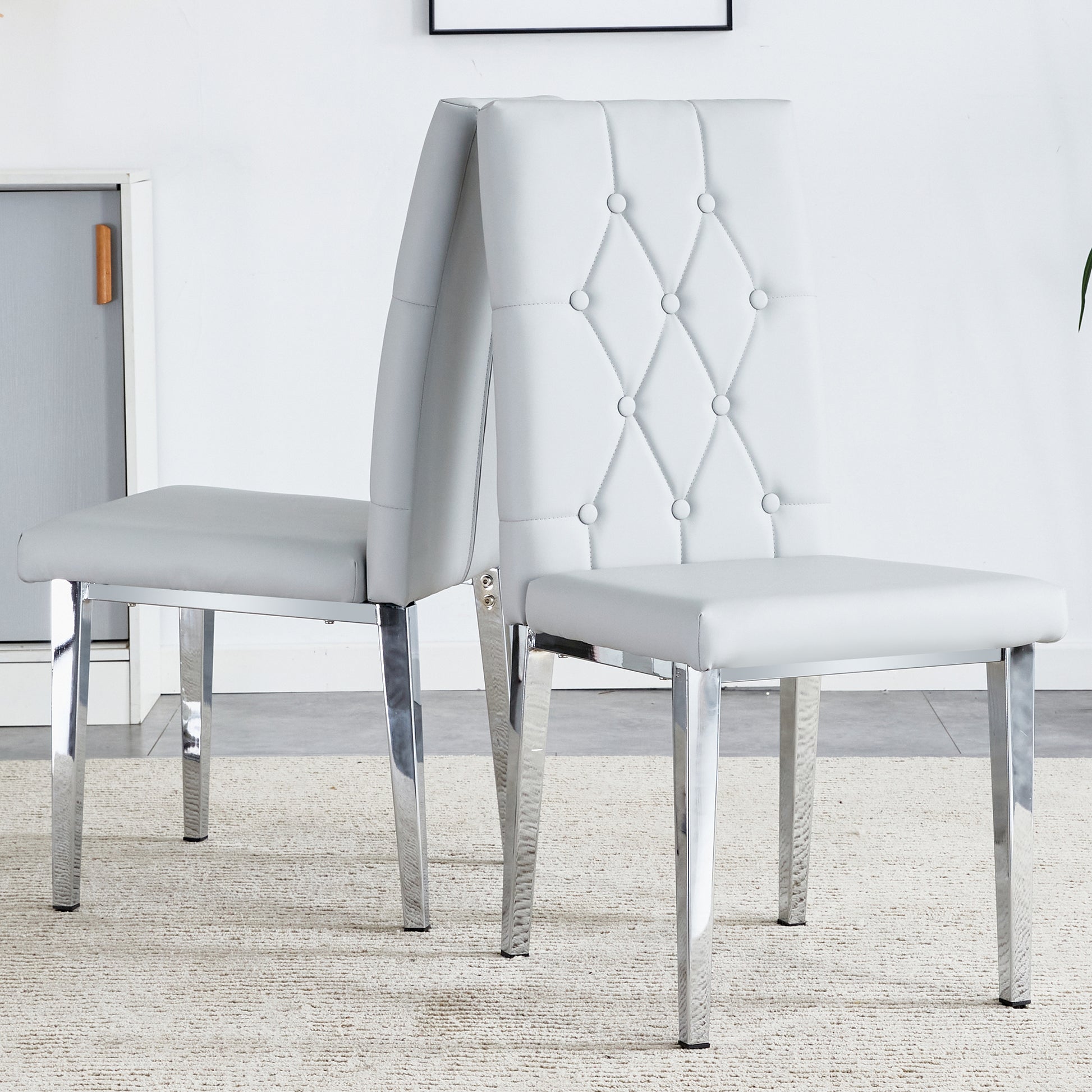 2 Piece Dining Chair, Modern Style Kitchen Upholstered High Back, Metal Leg Office Chair, Suitable For Dining Room, Office, Restaurant. Light Gray Pu