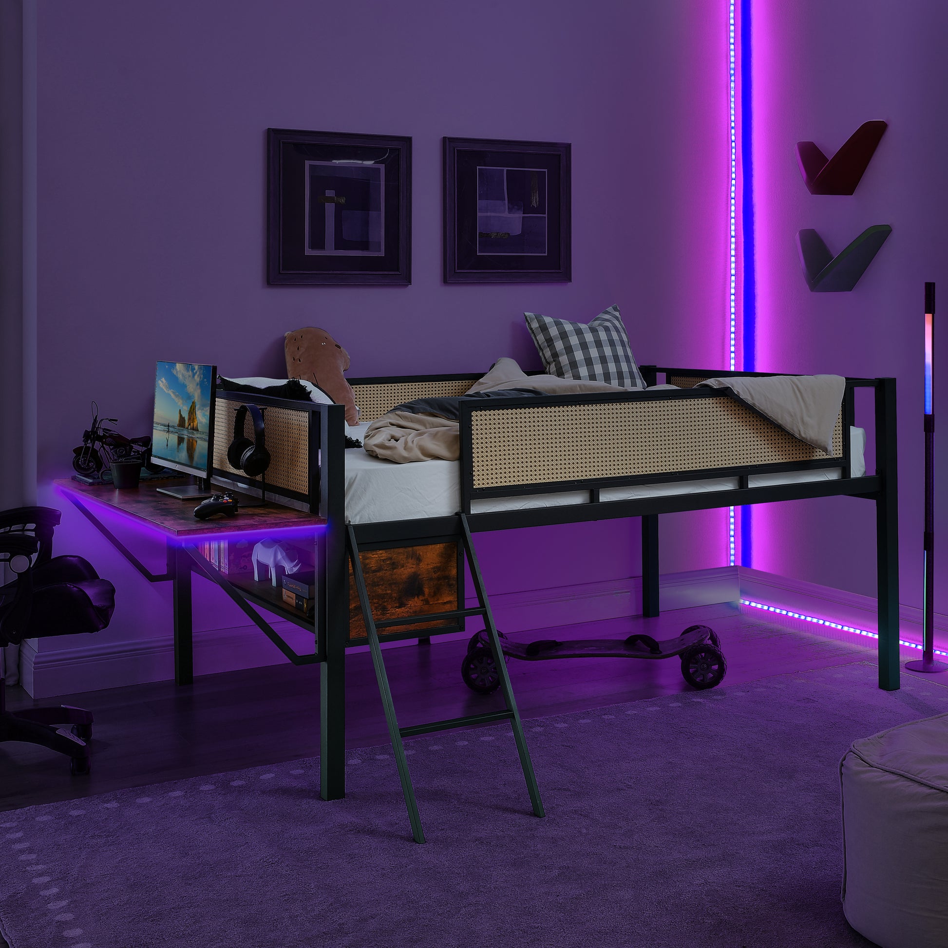 Single Metal Loft Bed With Rectangular Desk, Led Lights, Led Loft Bed Frame Double Bed With Storage Shelves And Hanging Storage Compartments, Safety Guard And Ladder, No Box Springs Required, Rattan G Full Black Brown Mdf Iron