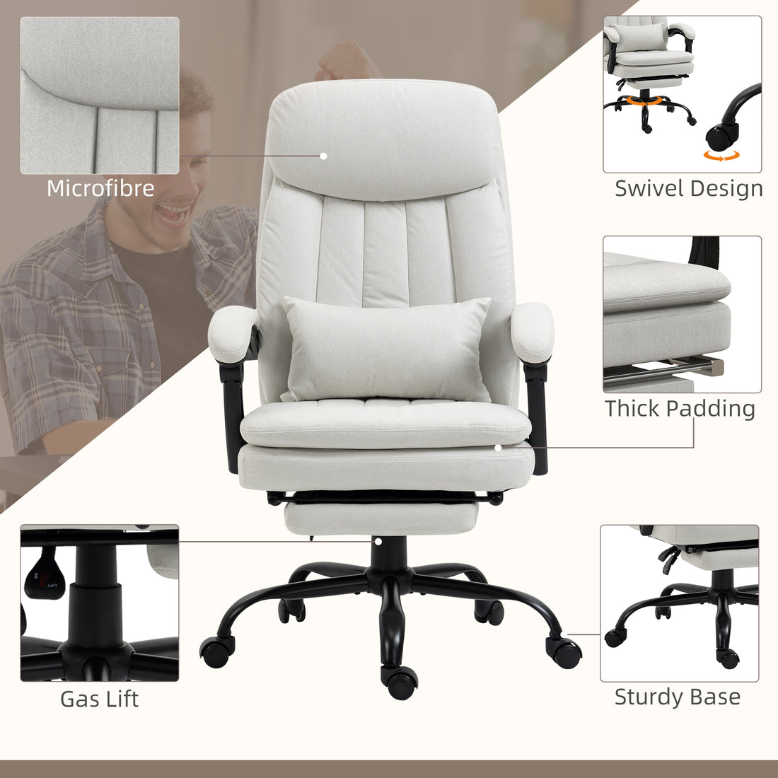 Vinsetto Microfibre Executive Massage Office Chair, Swivel Computer Desk Chair, Heated Reclining Computer Chair With Lumbar Support Pillow, Cream White Cream Polyester