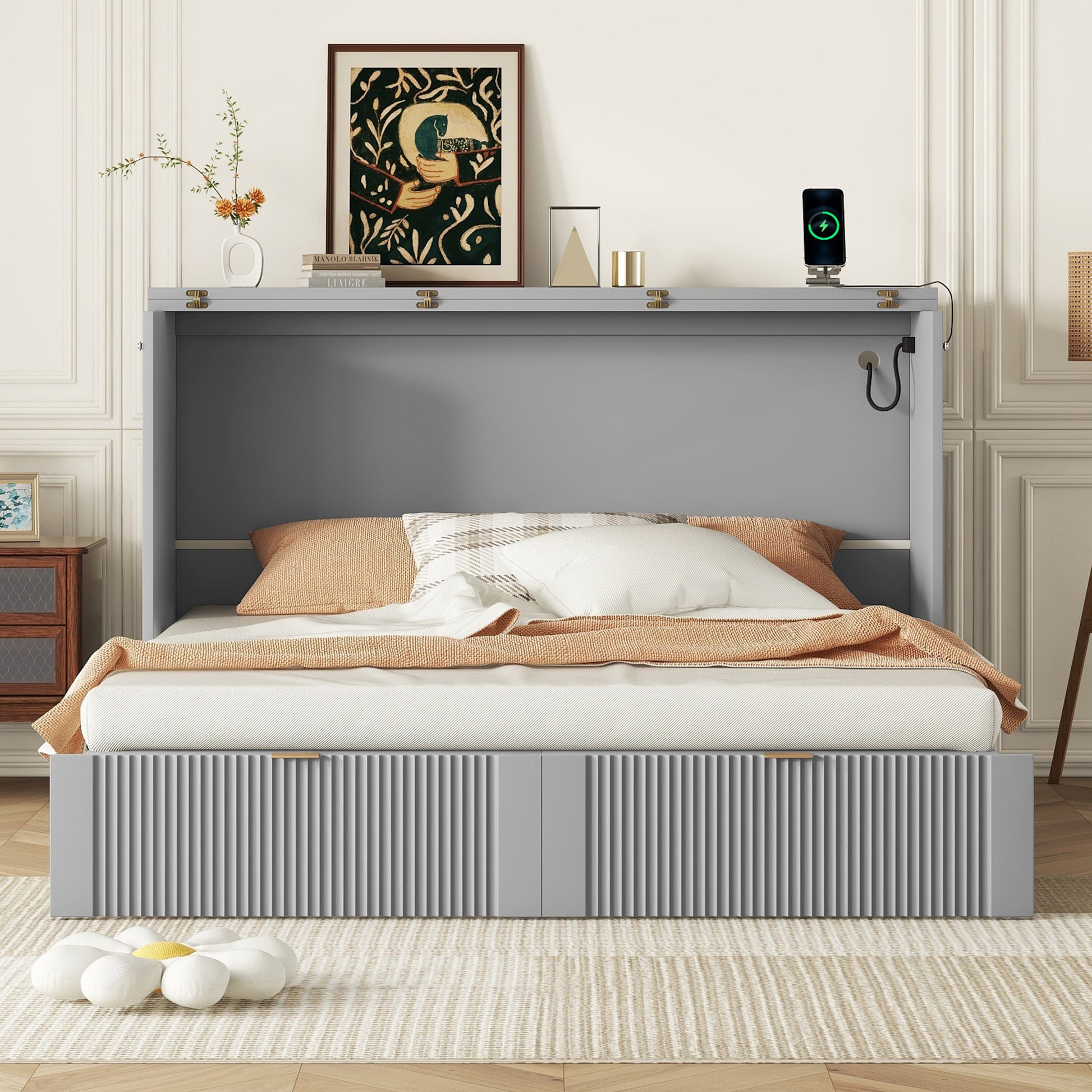 Queen Size Murphy Bed Wall Bed With Drawer And A Set Of Sockets & Usb Ports, Pulley Structure Design, Gray Queen Gray Plywood