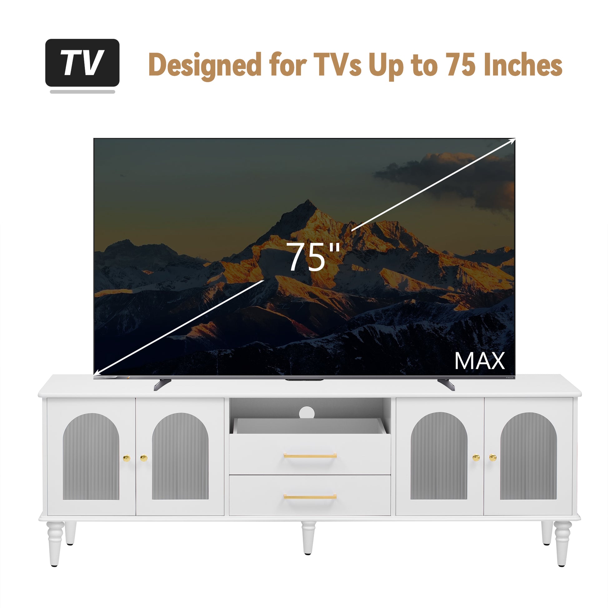 68.9'' Retro Tv Stand For Tvs Up To 75 Inches, Entertainment Center Media Console With Fluted Glass Doors And Five Solid Wood Legs For Living Room White 70 79 Inches Mdf