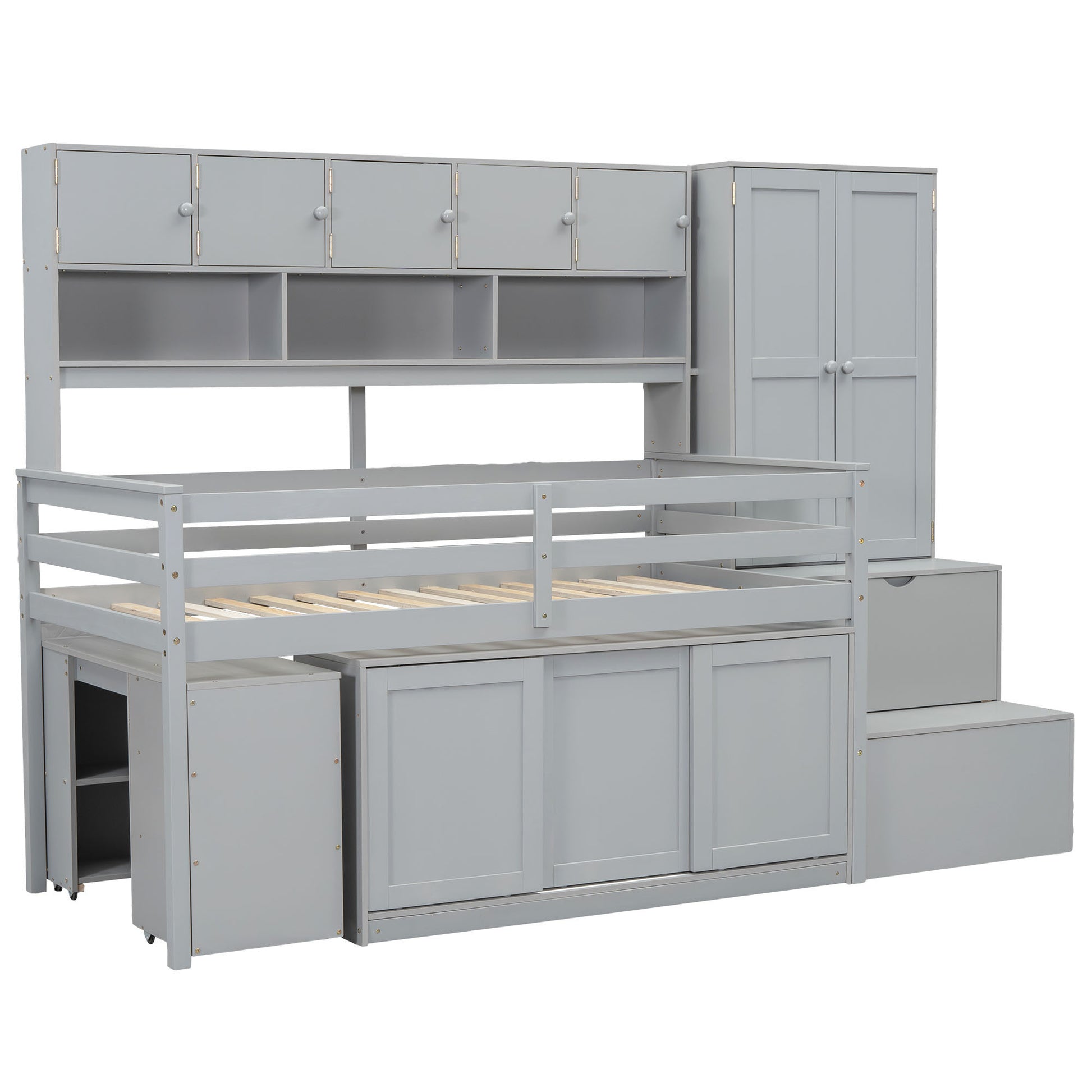 Twin Size Wooden Loft Bed Big Storage With Under Bed Desk, With Drawers, With Shelves, Gray Twin Gray Plywood