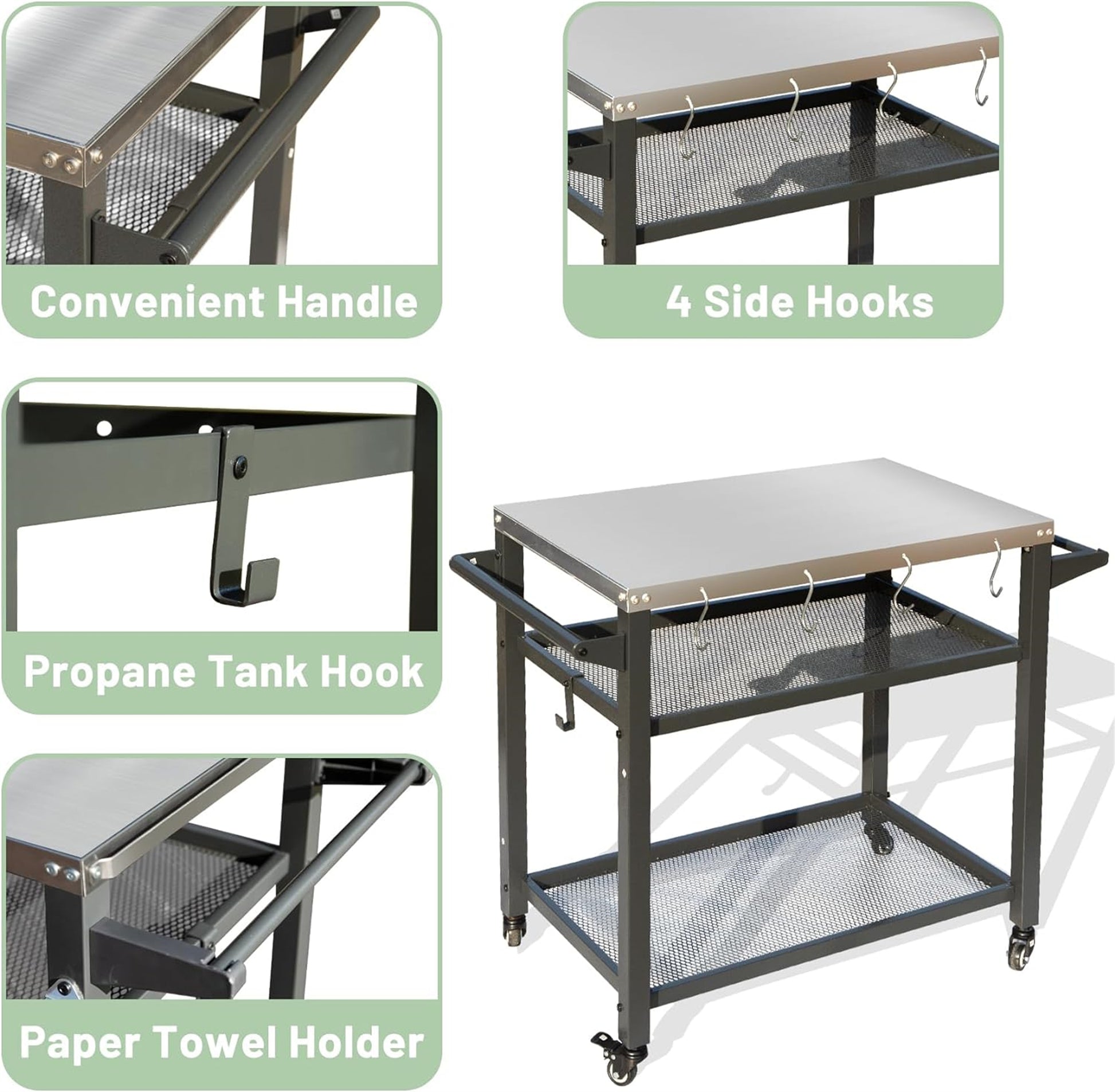 3 Shelf Outdoor Grill Table, Grill Cart With Wheels, Outdoor Pizza Oven And Food Prep Table, Blackstone Table With Stainless Steel Tabletop, Grill Stand For Blackstone Griddle For Outside Bbq Grey