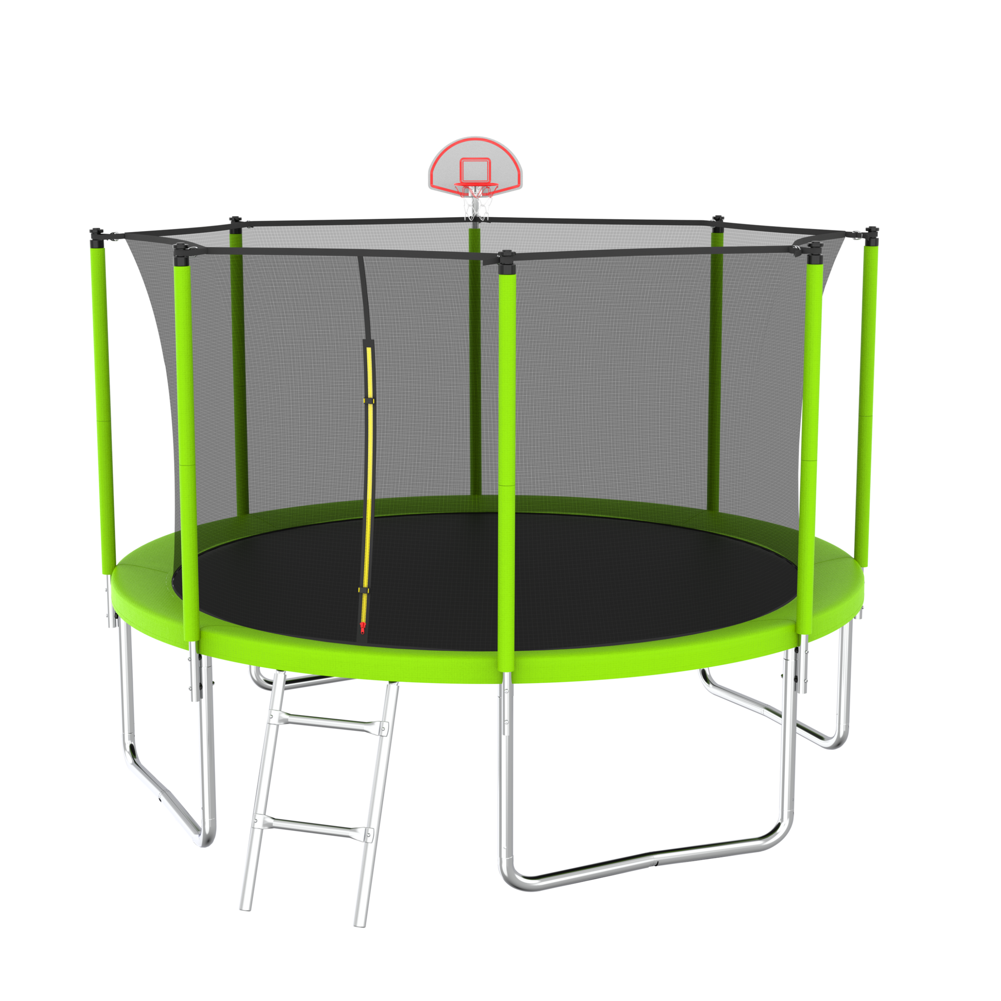 12Ft Trampoline Green For Kids & Adults With Basketball Hoop And Ball ,Recreational Trampolines With Safety Enclosure For Back Yard Outdoor Green Metal