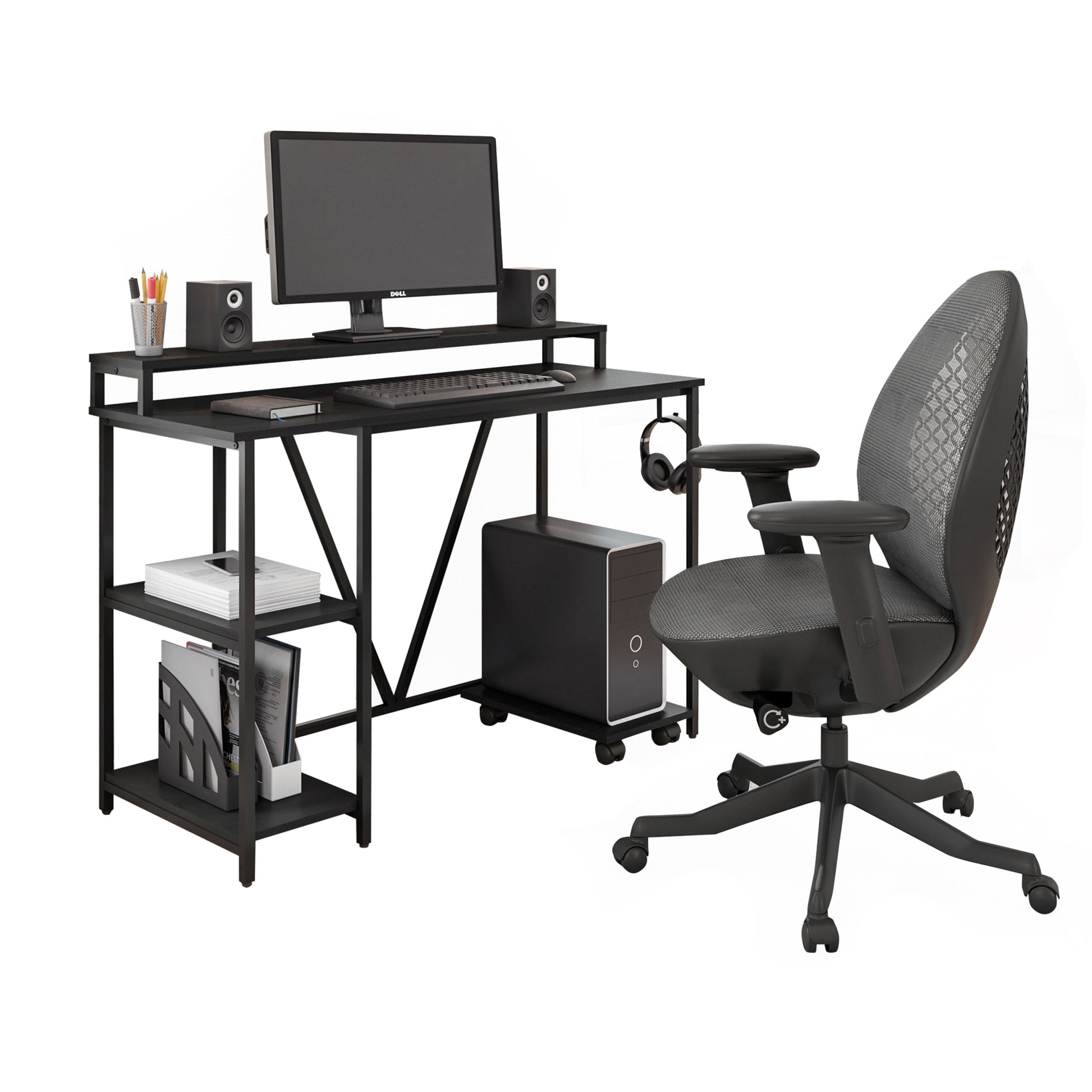 Techni Mobili Industrial Writing Desk, Black Black Computer Desk Office Modern Rectangular Rectangular Engineered Wood