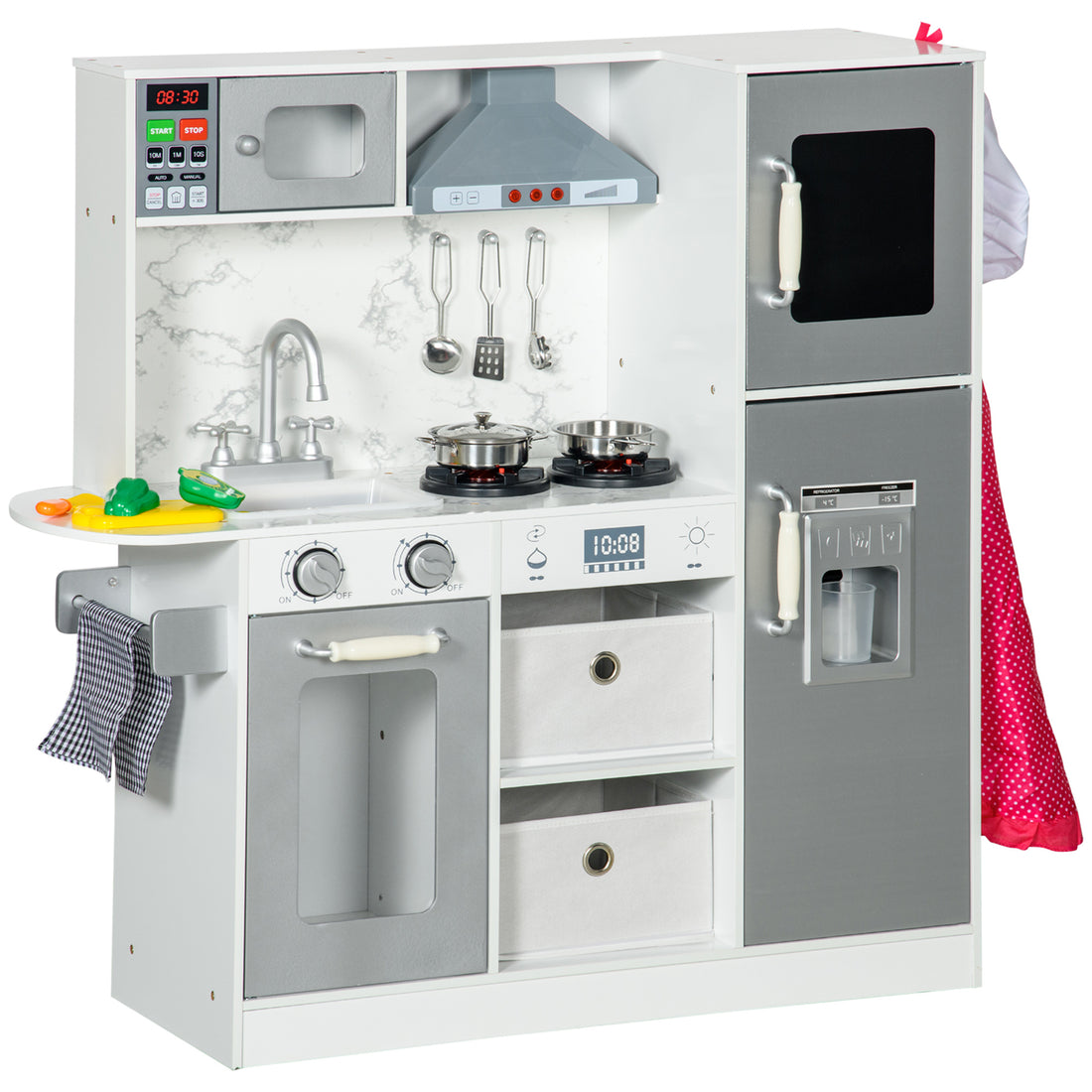 Qaba Play Kitchen Set For Kids, Kids Kitchen Playset With Lights Sounds, Apron And Chef Hat, Ice Maker, Microwave, Towel Rack, Utensils, Range Hood, Fun With Friends, For Ages 3 6 Years, White White Mdf