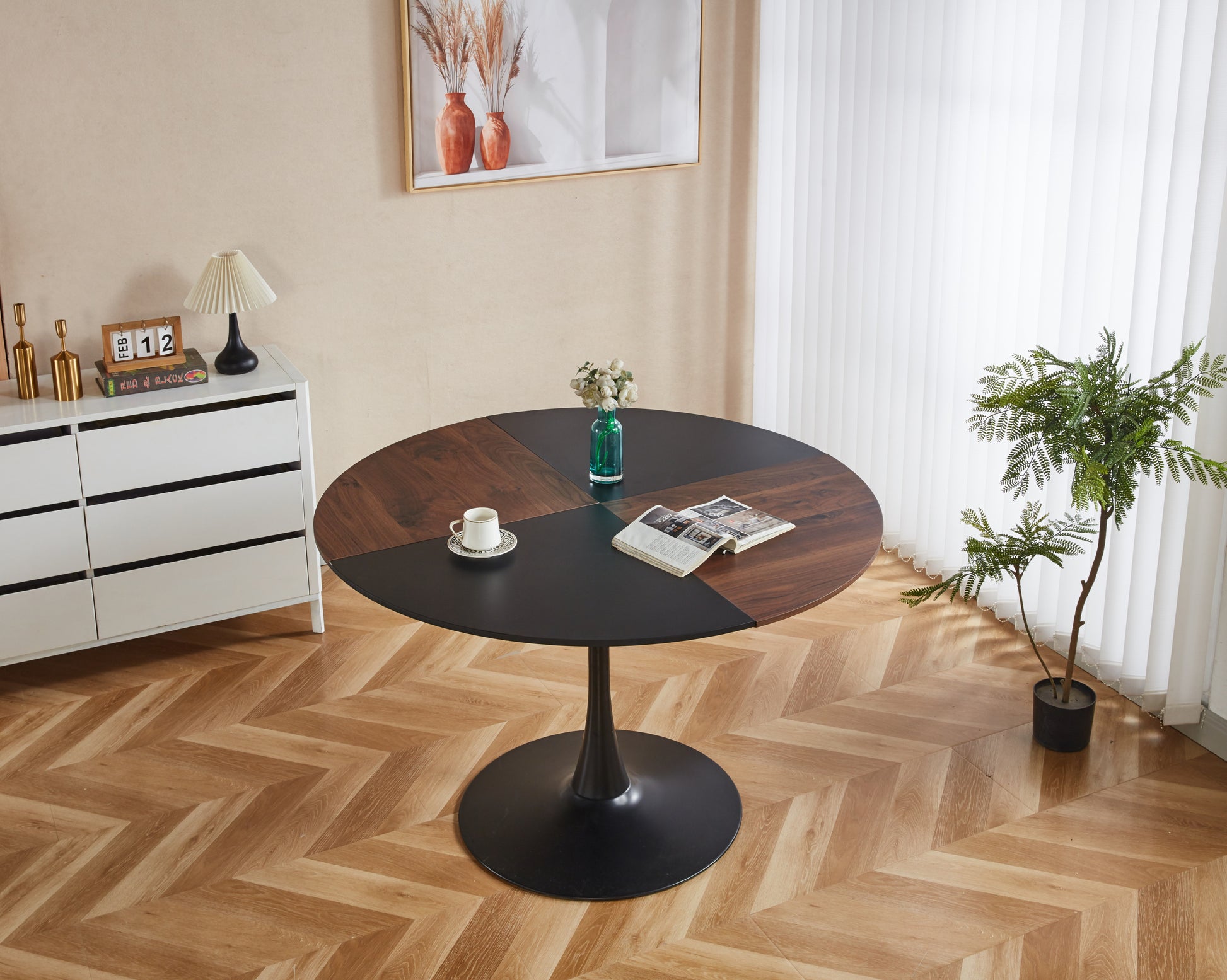 47.2Inch Tulip Round Dining Table,Office Table,Coffee Table,120X120X74Cm Brown Mdf