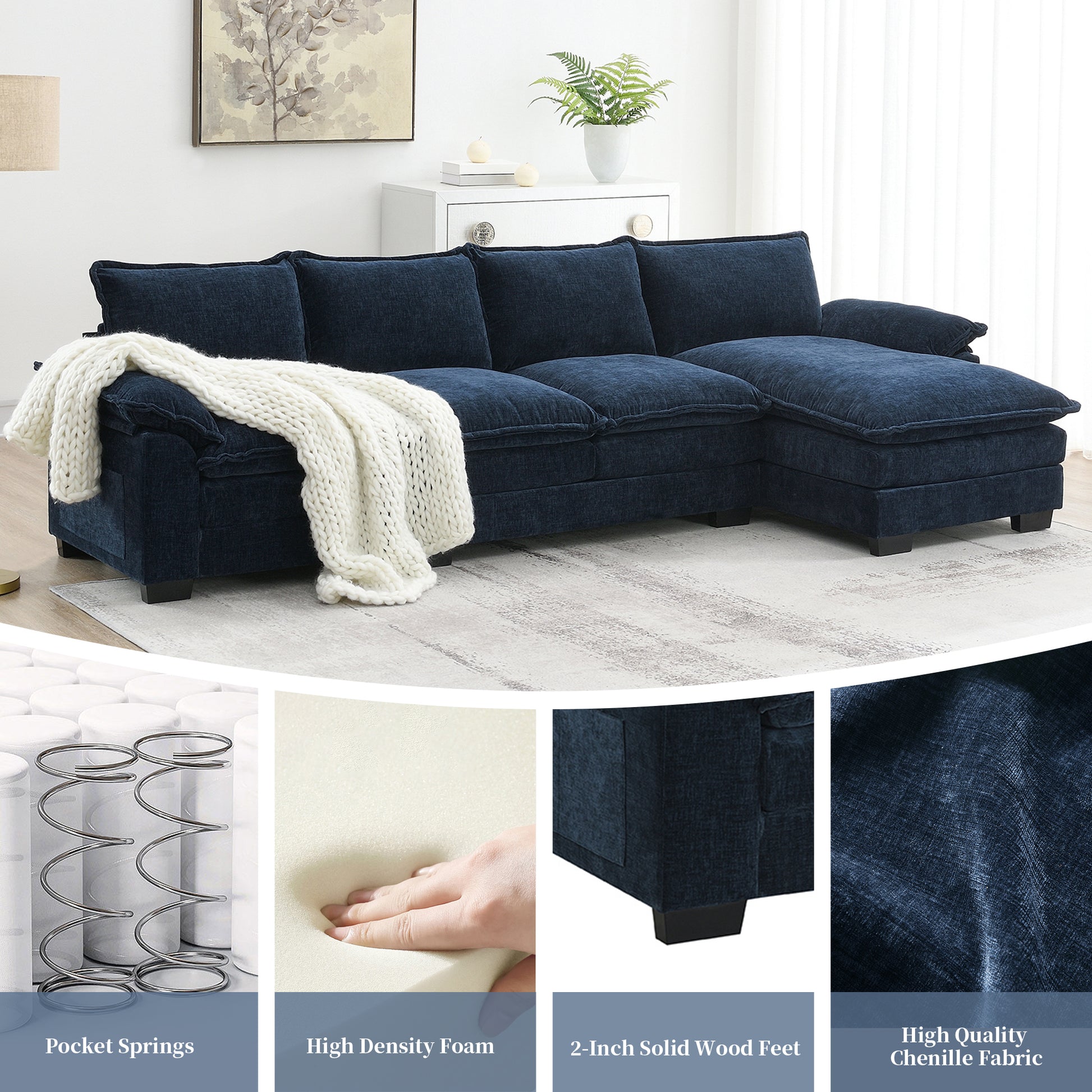 118*55" Modern L Shaped Chenille Cloud Sofa With Double Seat Cushions,5 Seat Upholstered Indoor Furniture,Sleeper Sofa Couch With Chaise Lounge For Living Room,Apartment,3 Colors Dark Navy Chenille 4 Seat