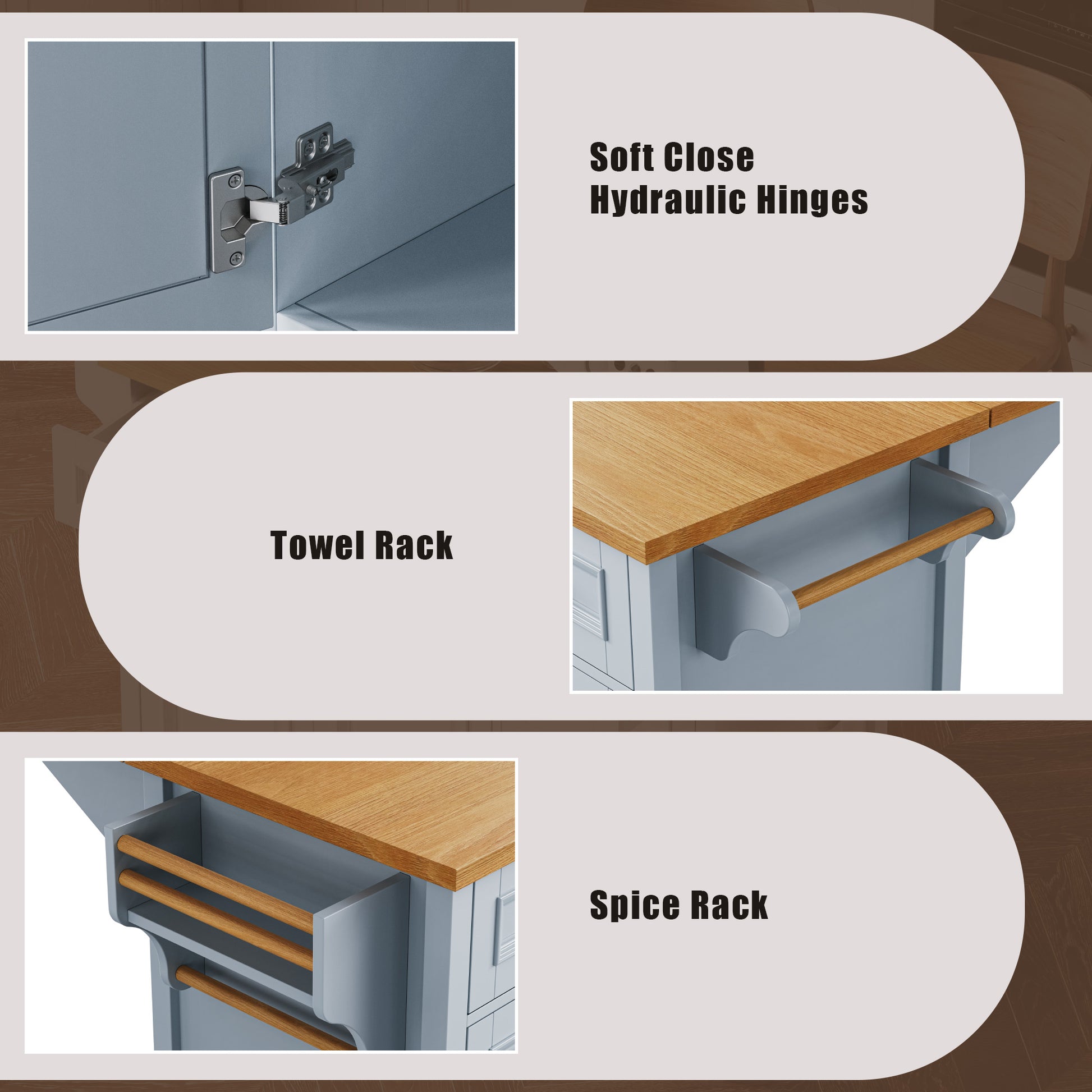 K&K 52'' Kitchen Island With Drop Leaf, Embossed Texture Kitchen Island On Wheels With Spice Rack, Towel Rack, 2 Doors And 5 Drawers, Kitchen Storage Cart With Adjustable Shelf For Kitchen, Blue