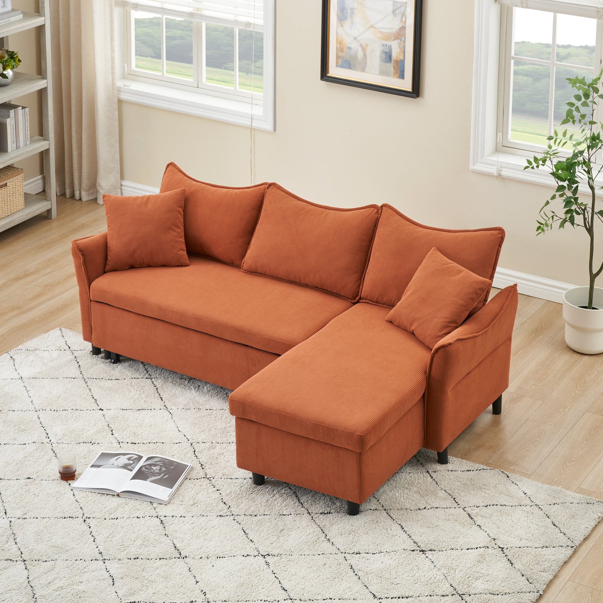 This 80 Inch Orange Corduroy L Shaped Sofa Comes With Two Small Throw Pillows That Can Be Converted Into A Sofa Bed For Storage Orange Corduroy 3 Seat