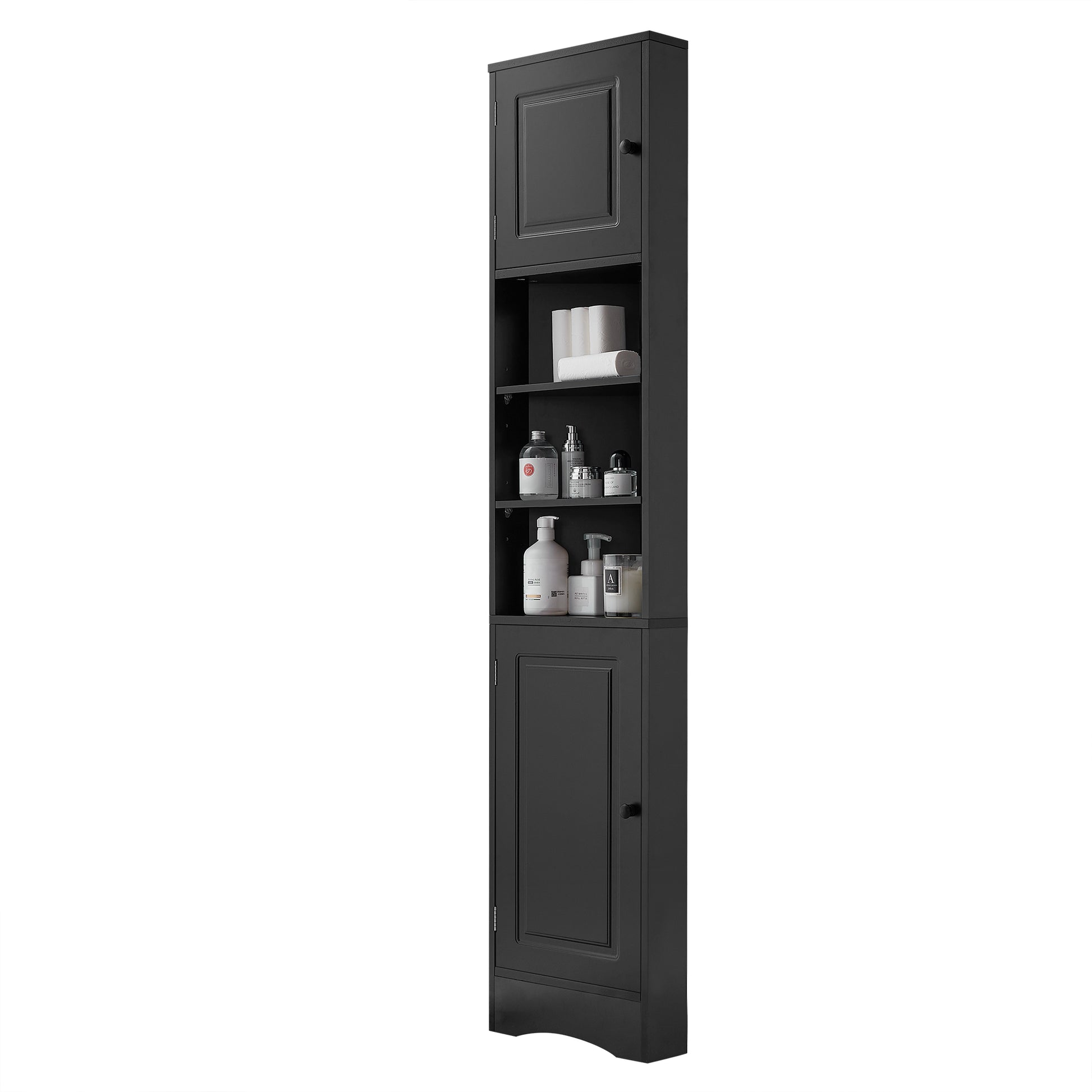 Multi Functional Corner Cabinet Tall Bathroom Storage Cabinet With Two Doors And Adjustable Shelves, Open Shelf, Black Black Mdf