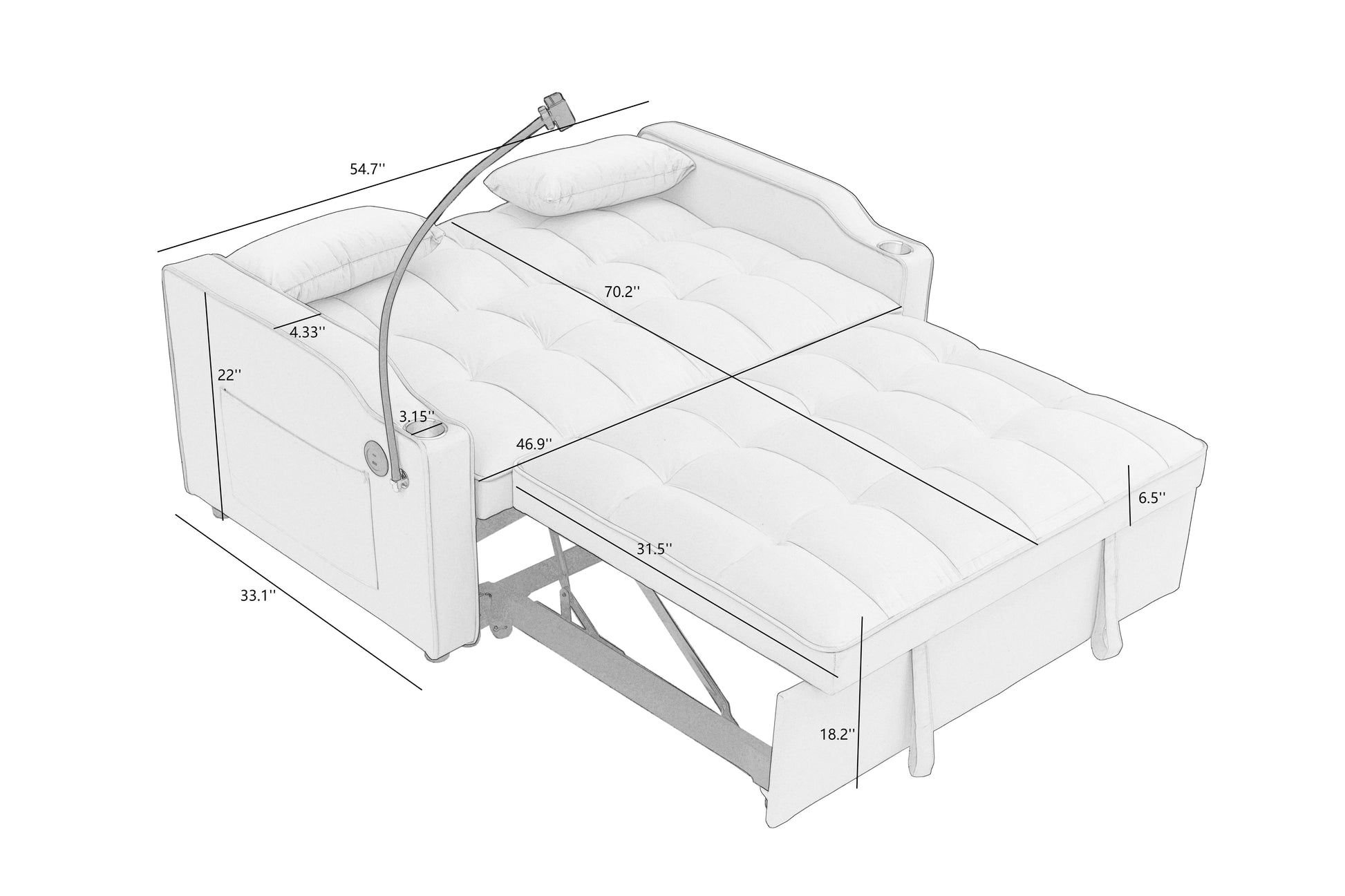 1 Multifunctional Foldable Sofa Bed In 3 Different Lengths, Modern Sofa, Upgraded Suede Fabric, Adjustable Backrest, With Usb Port, Ashtray, And Rotating Telephone Stand Gray Suede Plywood 2 Seat