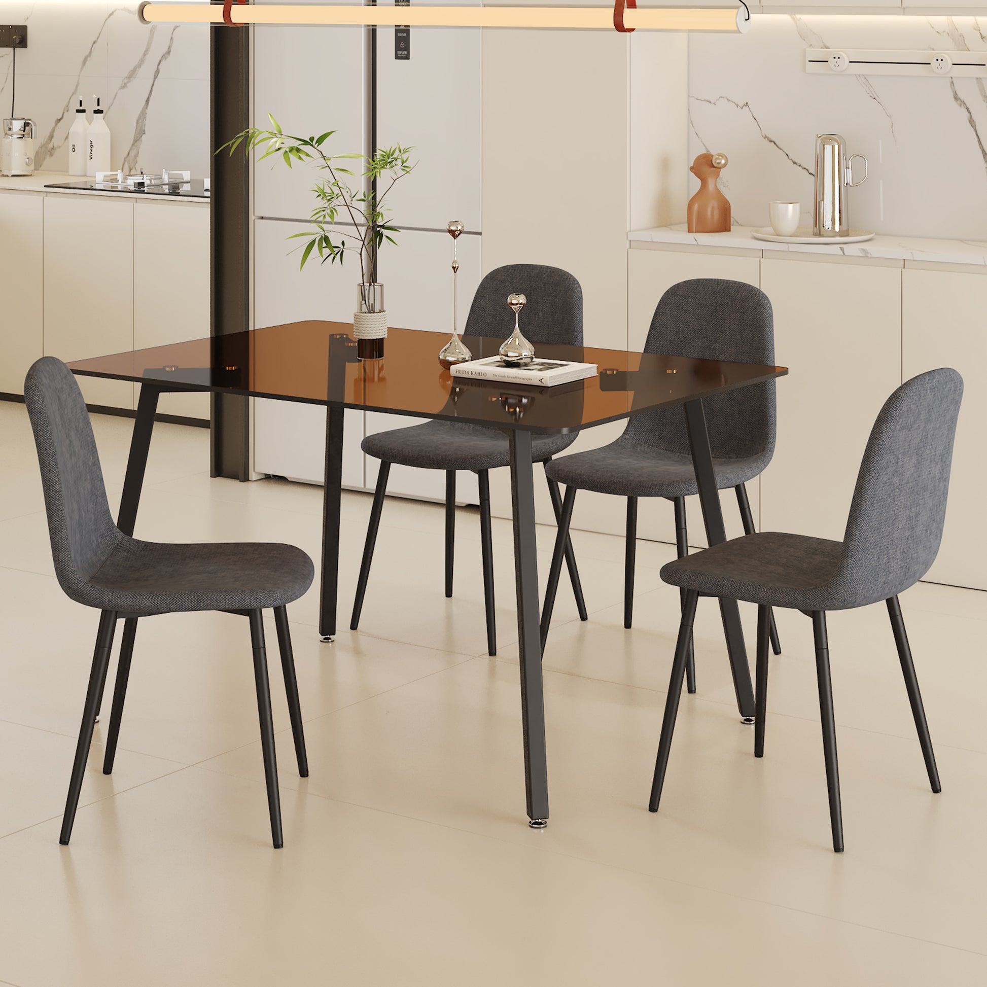 Table And Chair Set.Large Modern Rectangular Table With Brown Glass Top And Silver Metal Legs. Paired With 4 Dark Gray Chairs With Soft Linen Fabric Cushions And Black Metal Legs. Dark Gray,Silver