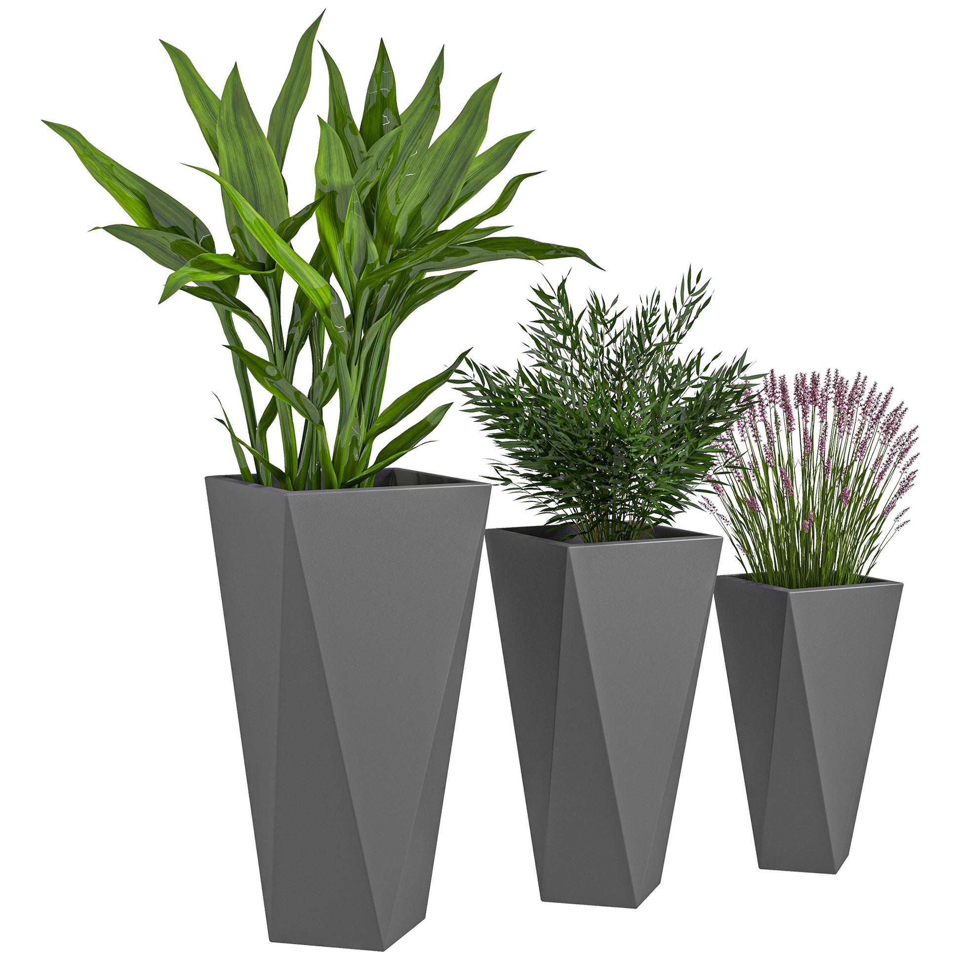 Outsunny Set Of 3 Tall Planters, 28.75", 24.5", 20.5", Mgo Indoor Outdoor Planters With Drainage Holes, Stackable Flower Pots For Garden, Patio, Balcony, Front Door, Gray Gray Magnesium Oxide