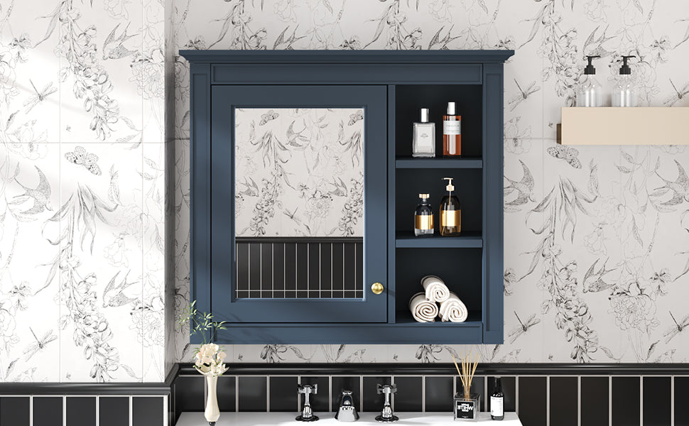 30'' X 28'' Medicine Cabinet, Wall Mounted Bathroom Storage Cabinet, Modern Bathroom Wall Cabinet With Mirror,Medicine Cabinet, Mirror Cabinet With 3 Open Shelves Not Include Bathroom Vanity Blue 1 5 Adjustable Shelves Bathroom Wall Mounted Modern Mdf