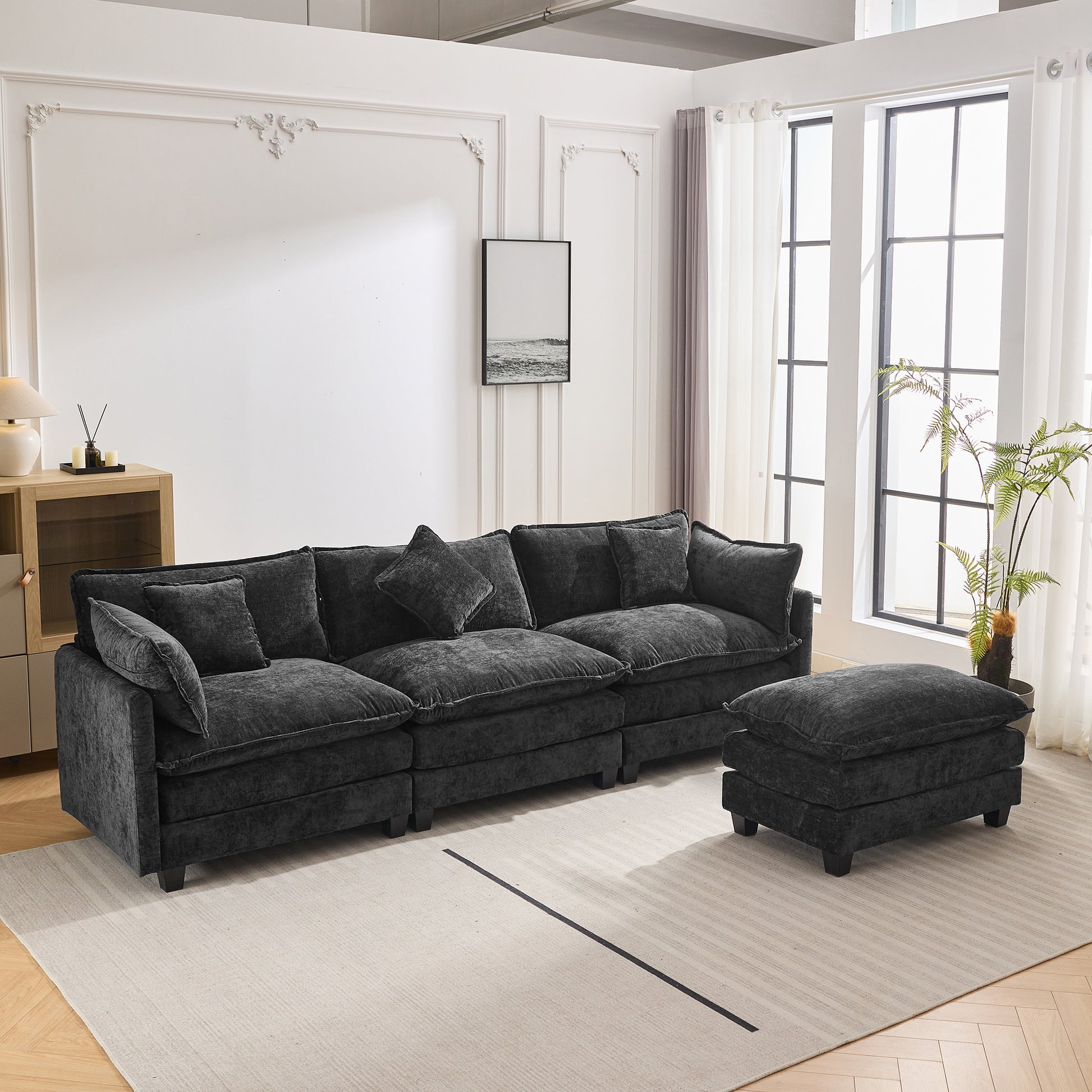 112.2" L Shape Chenille Upholstered Sofa For Living Room Modern Luxury Sofa Couch With Ottoman And 5 Pillows For Living Room Sg001160Aa , Black Black Foam 4 Seat