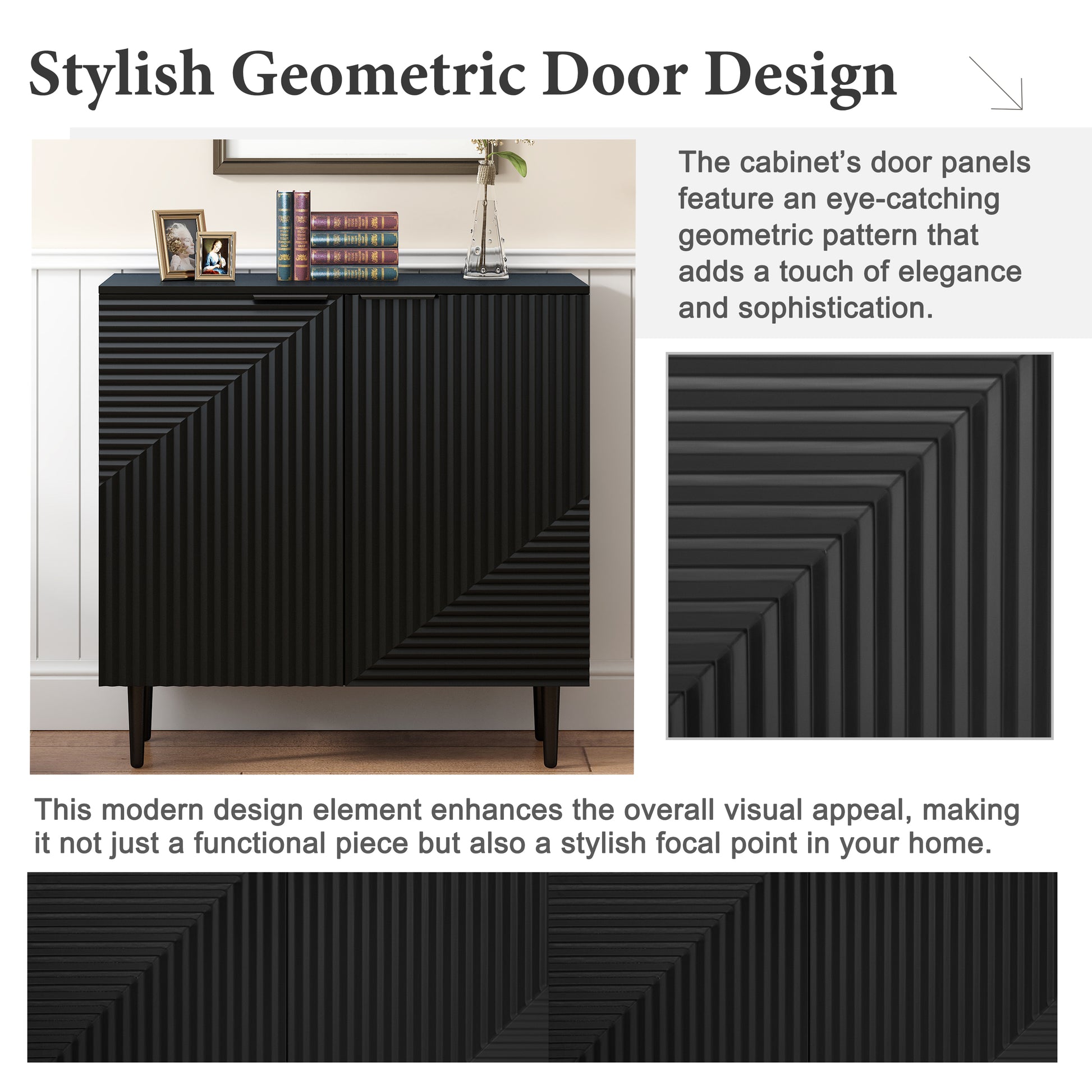 Mirod Modern Minimalist Side Cabinet With Adjustable Shelves ,Stylish Geometric Door Design,Ample Storage Space For Any Home Decor Black Mdf