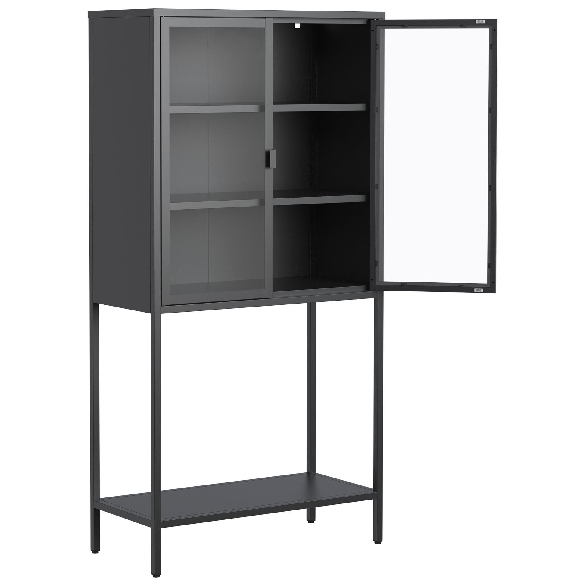 59"H Heavy Duty Metal Storage Cabinet,Sideboards & Buffet,Display Storage Cabinet With Glass Doors And 2 Adjustable Shelves, Tall Bookcase Modern Bookshelf Cabinet For Home Office, Living Room Black Primary Living Space Modern Metal Metal