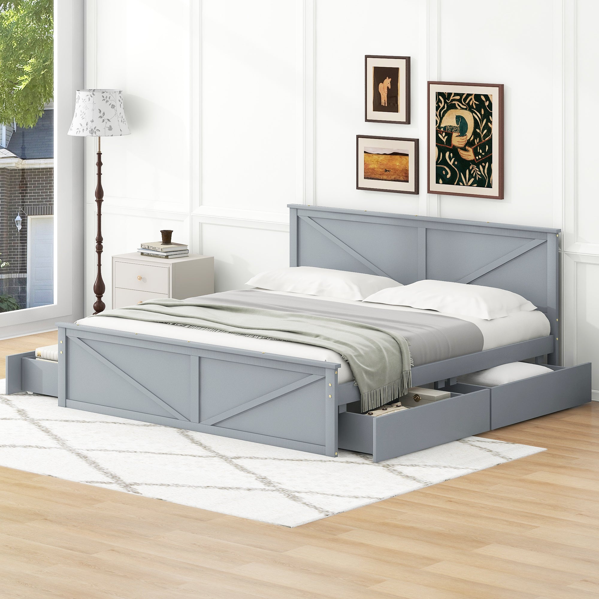 King Size Wooden Platform Bed With Four Storage Drawers And Support Legs, Gray King Gray Pine