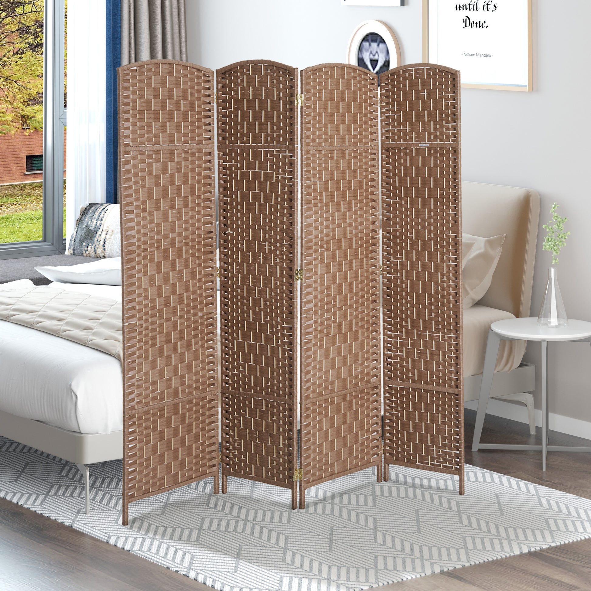 Homcom 6' Tall Wicker Weave 4 Panel Room Divider Privacy Screen Natural Natural Wood