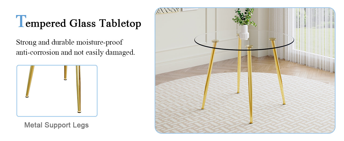 A Modern Minimalist Style Round Transparent Tempered Glass Table With Gold Metal Legs, Paired With 6 Modern Pu Leather High Back Dining Chairs ,Bring A Luxurious Experience. Black Seats 6 Glass Metal