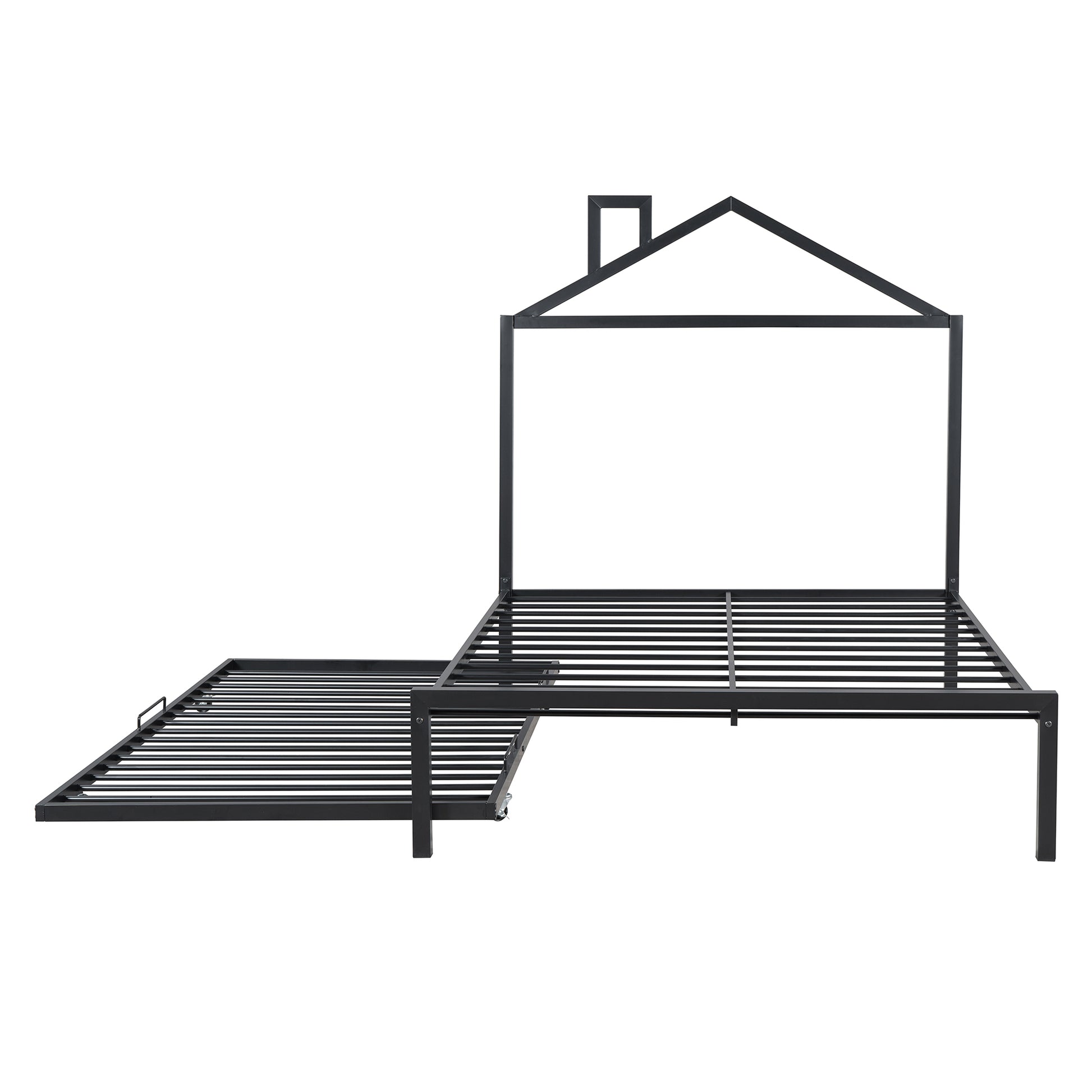 Full Size Metal Platform Bed With Twin Size Trundle,House Shaped Headboard Design, Black Full Black Metal