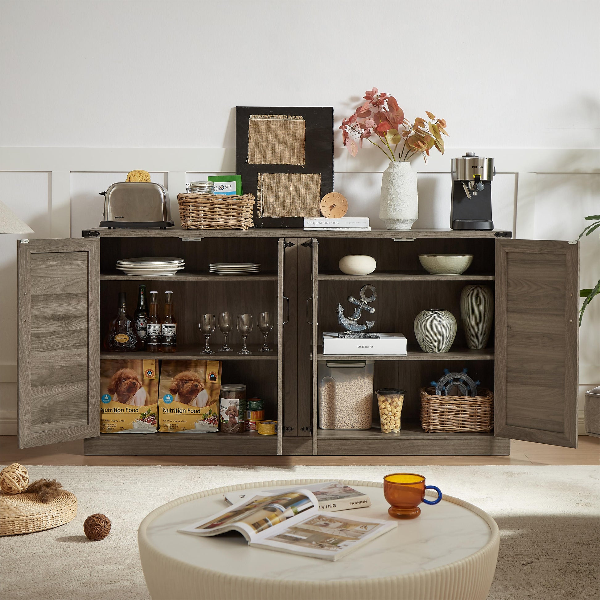 65 Inch Slate Gray Faux Rattan Sideboard With Barn Doors Rustic Sideboard, 4 Door Storage For Living Room, Entryway, Bedroom, Dining Room Stone Gray Particle Board Mdf